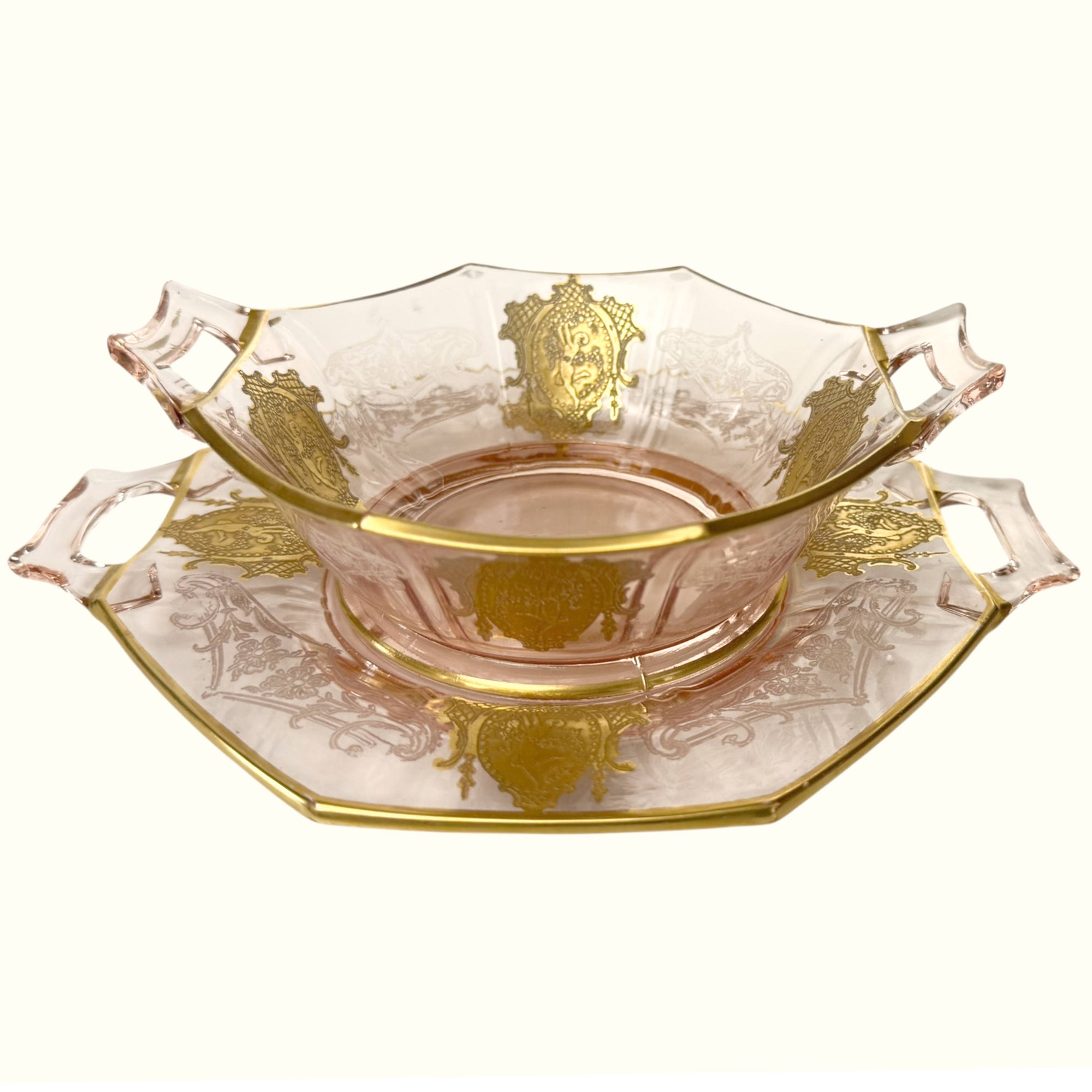  Deco Indiana Etched Glass 602 Mayonnaise & Liner w Indiana Dancer Gold Encrusted Cameo