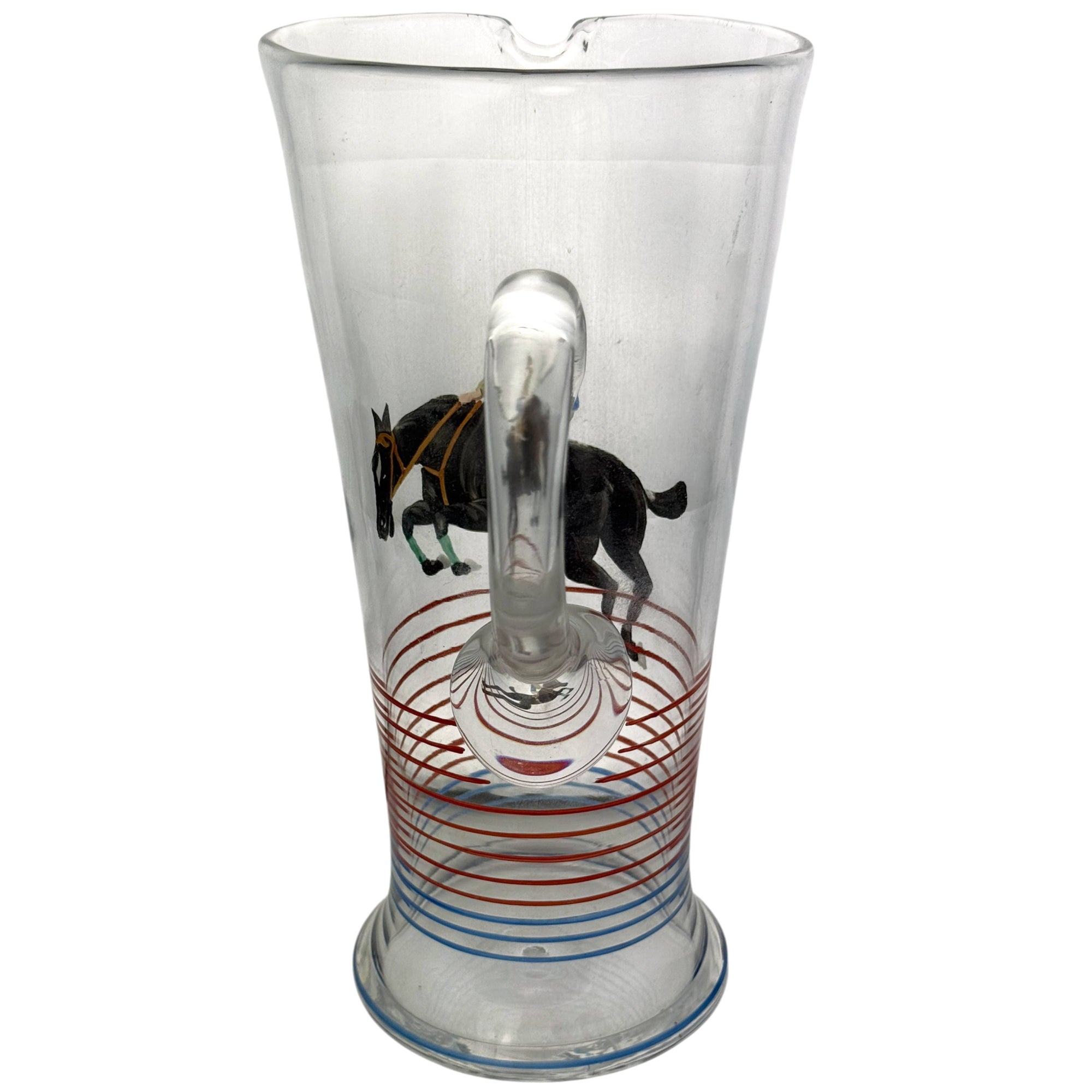 back view of hand-painted jockey and steeplechase horse martini pitcher