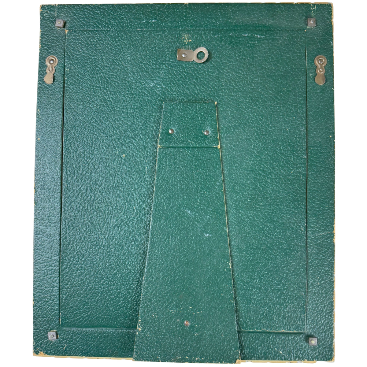 Reverse of vintage Art Deco picture frame showing original green textured leatherette paper backing,