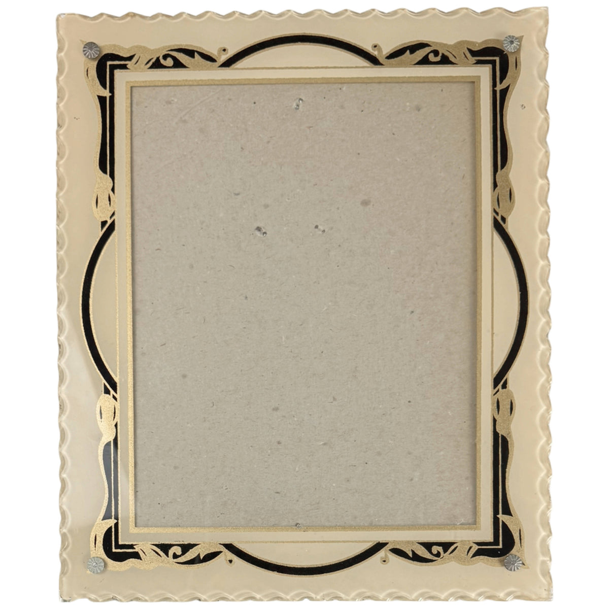Vintage 1930s Art Deco reverse-painted glass picture frame with black and gold geometric decoration, ivory background and scalloped edges.