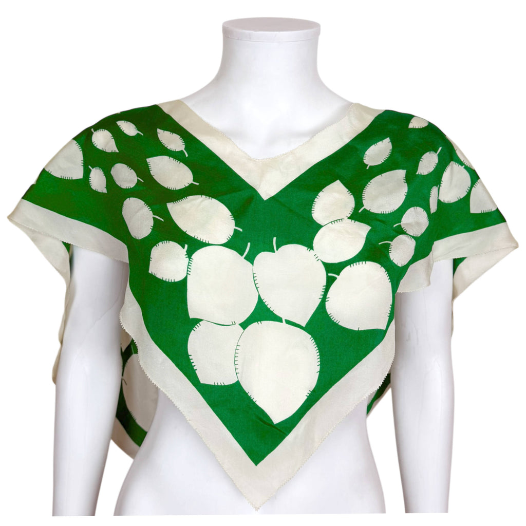 Art Deco green and white silk V-shaped scarf displayed on mannequin