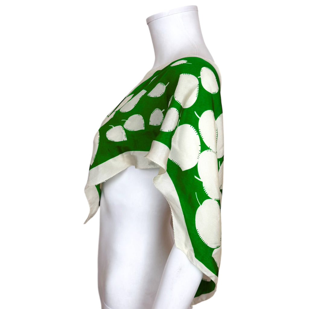 Side profile of 1920s silk shoulder scarf with geometric leaf motif