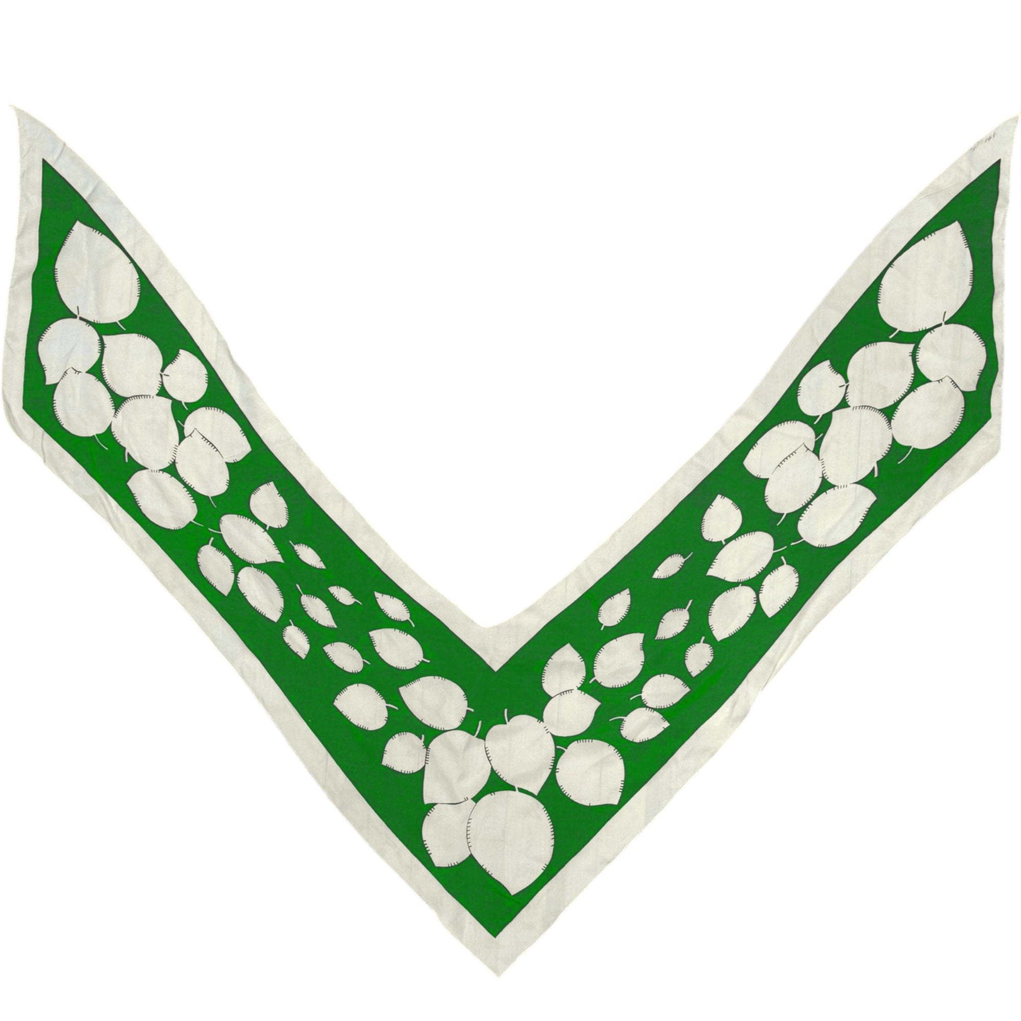 Full flat view of Art Deco triangular silk scarf in emerald green