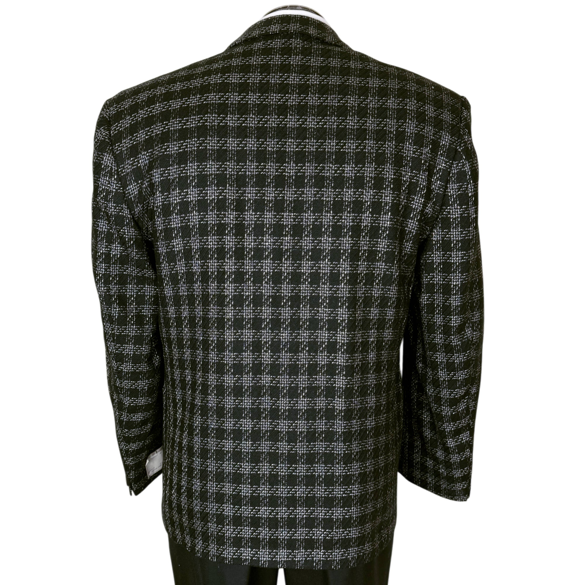 Back of vintage 1980s Déjà-Vu black and grey plaid men's sport coat