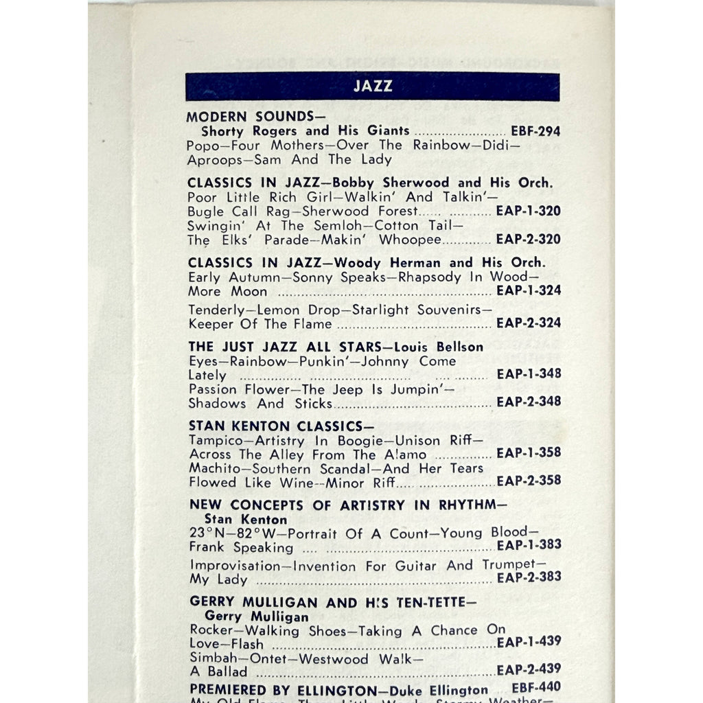 jazz listings on Fold-out Canadian Capitol Records 45 rpm EP stock list
