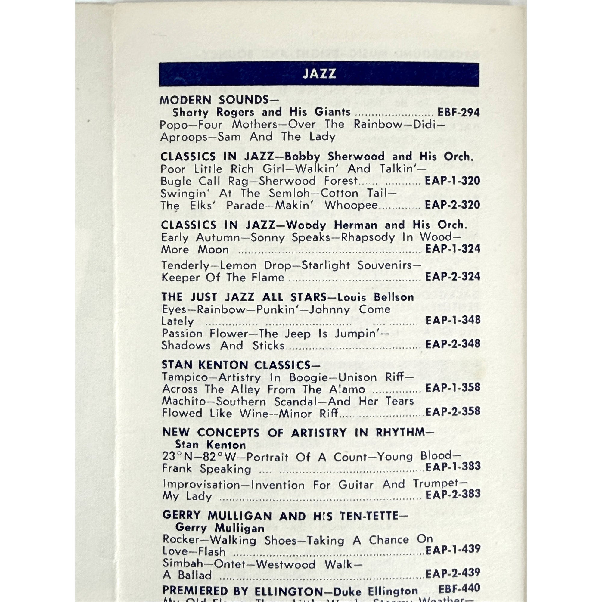 jazz listings on Fold-out Canadian Capitol Records 45 rpm EP stock list
