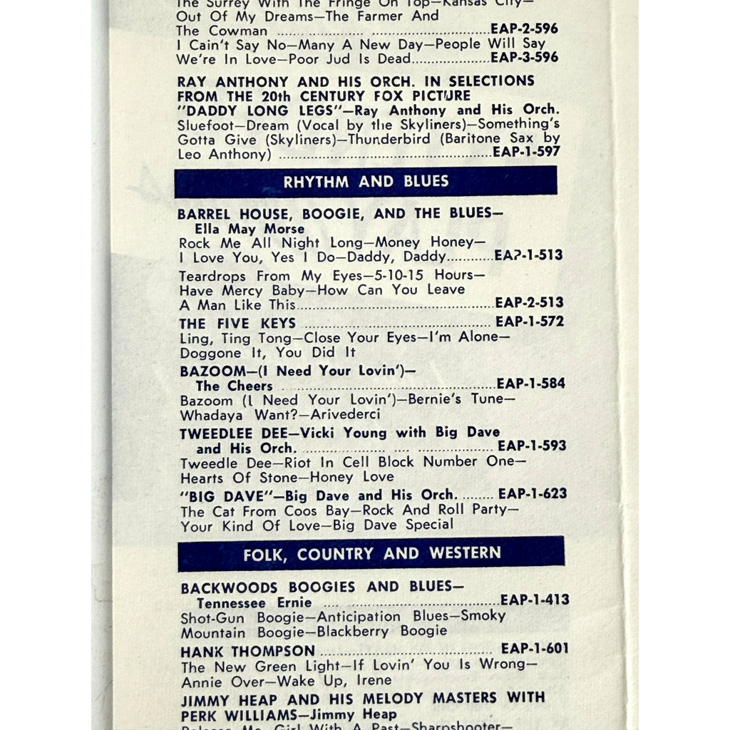 r&b listings on Fold-out Canadian Capitol Records 45 rpm EP stock list