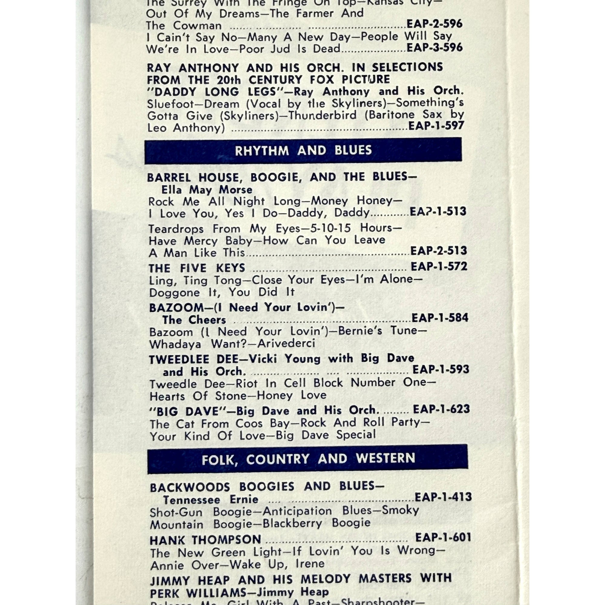 r&b listings on Fold-out Canadian Capitol Records 45 rpm EP stock list