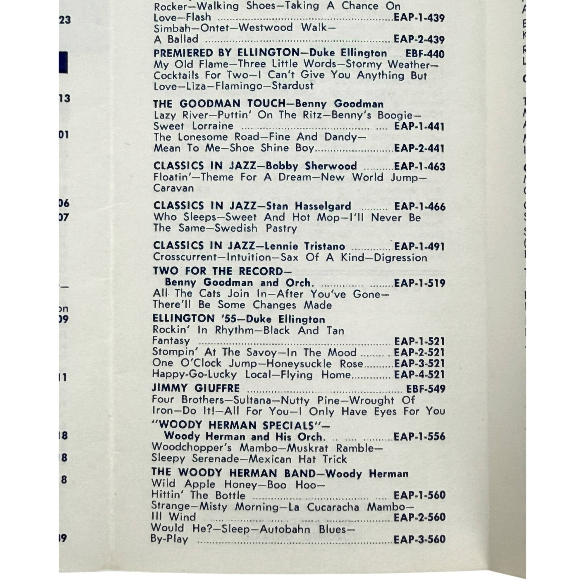 detail of list of record on Fold-out Canadian Capitol Records 45 rpm EP stock list