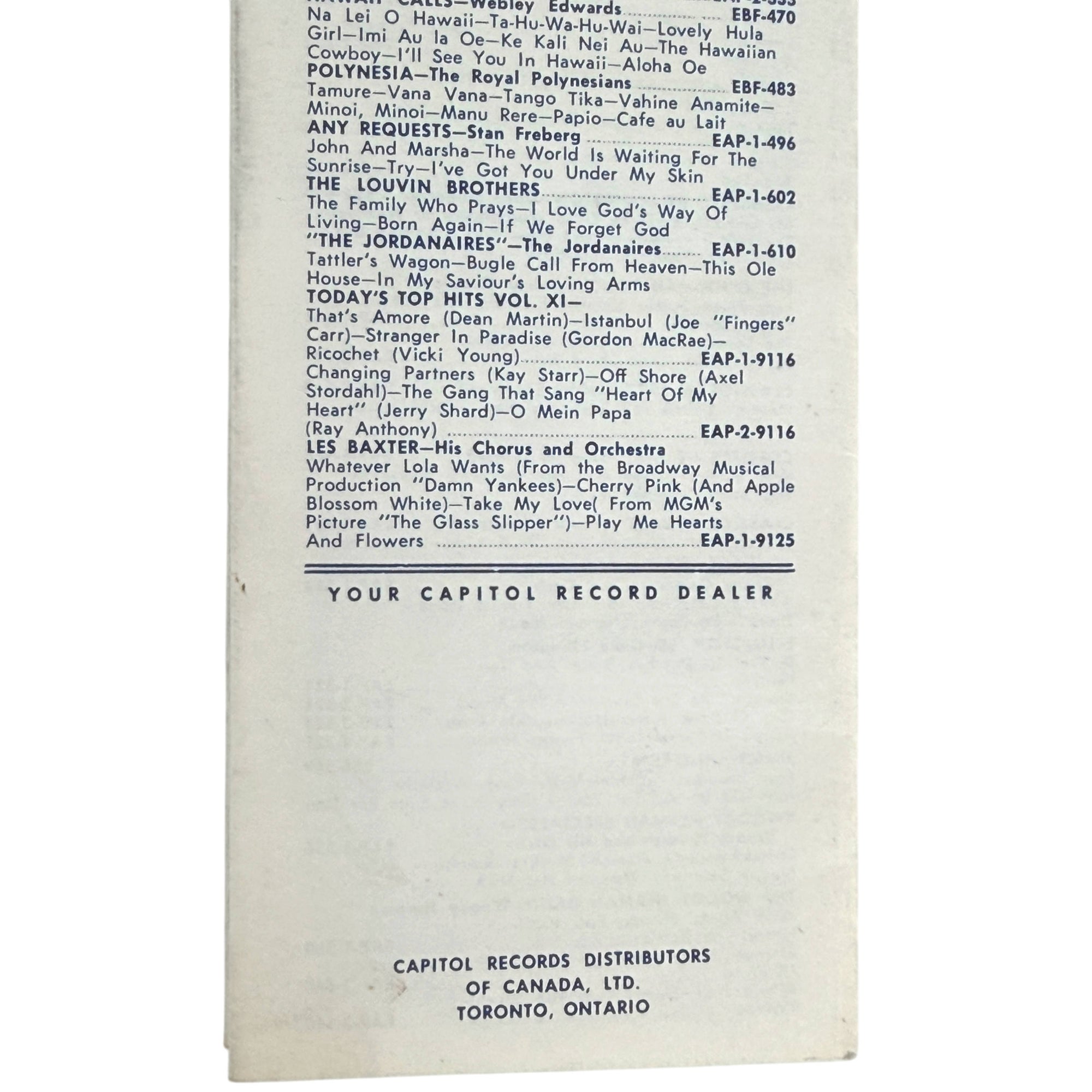 last page of Canadian Capitol Records 45 rpm EP stock list
