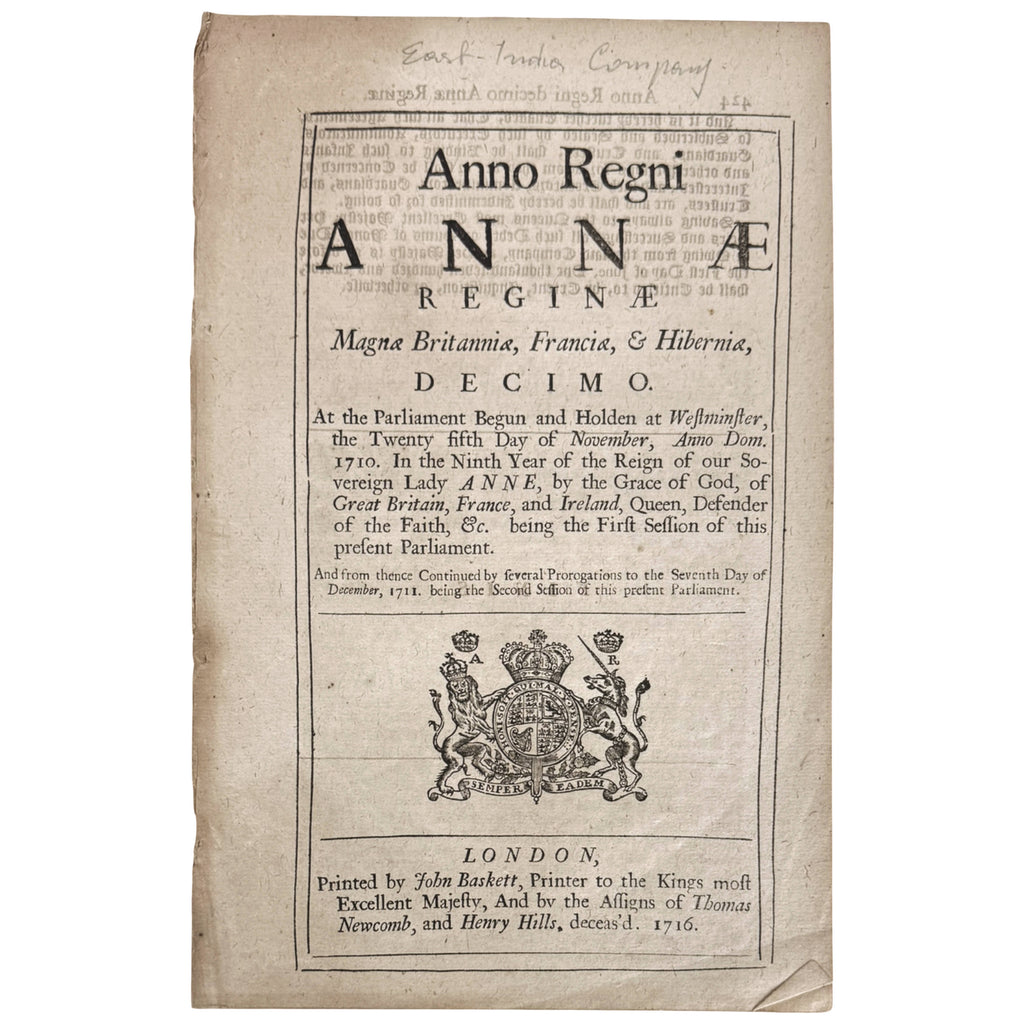 1716 United East India Company Act of Parliament Queen Anne title page
