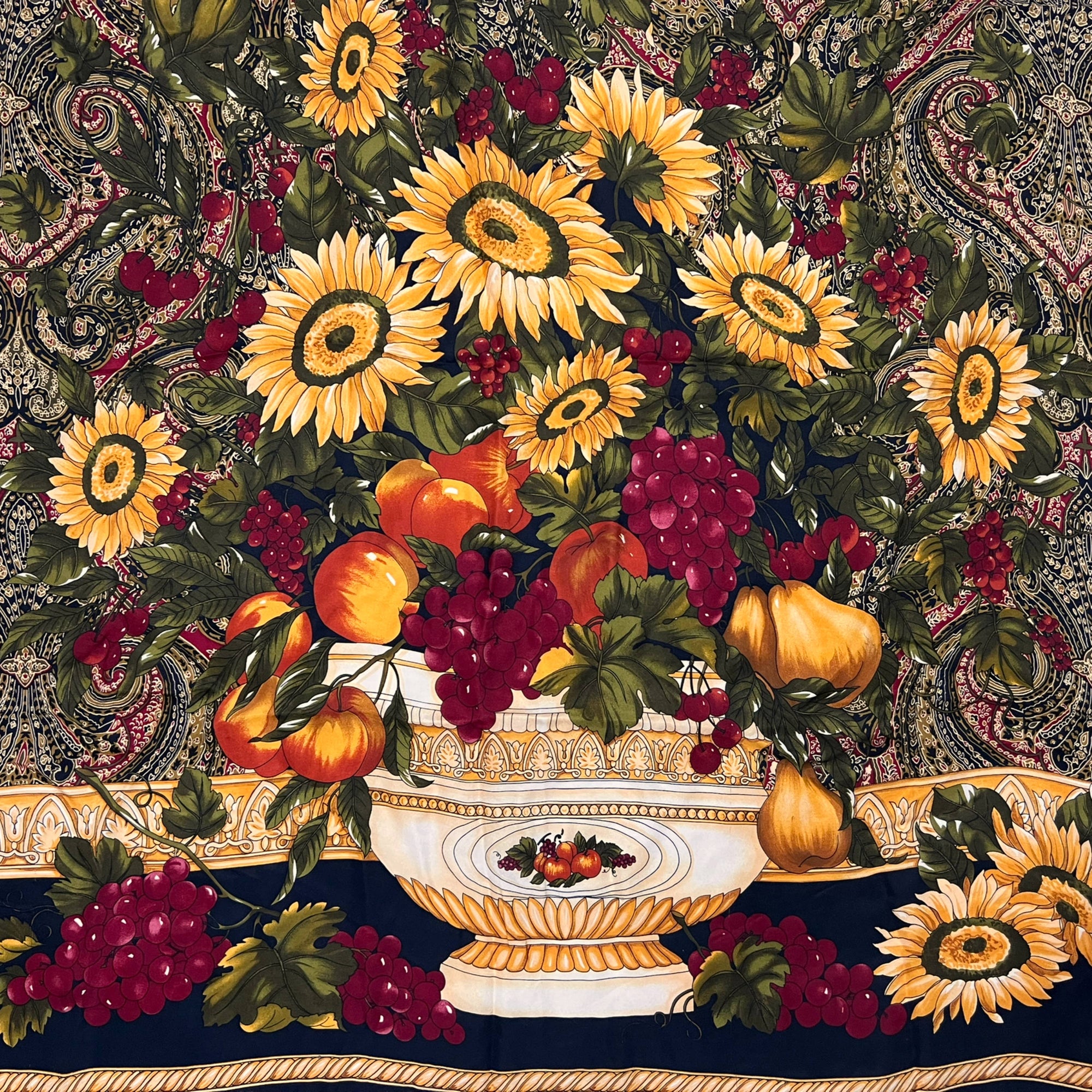 Vintage Echo Silk Scarf Square Sunflowers &amp; Fruit 35”