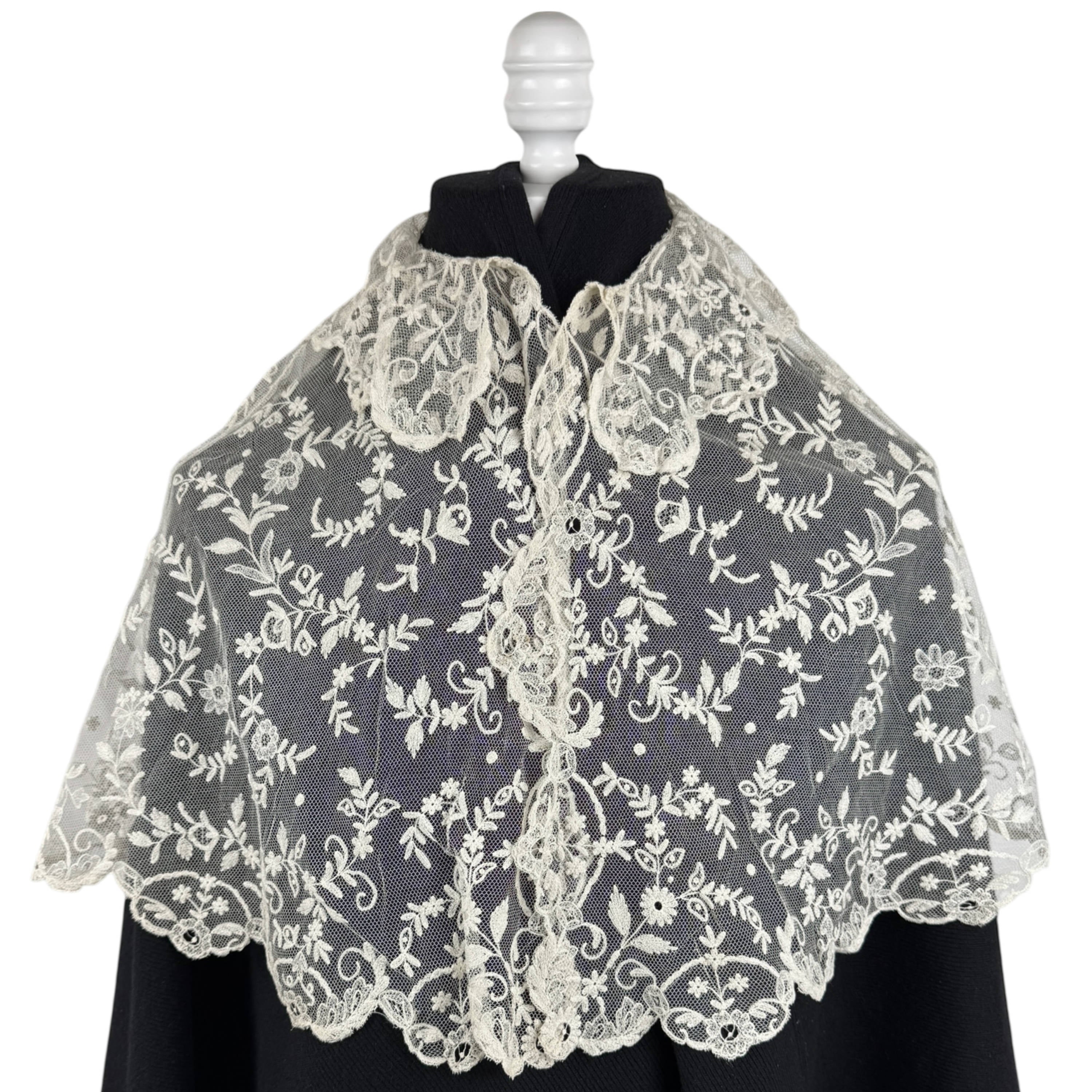 Edwardian Tambour Embroidered Net Lace Capelet Bertha Collar c