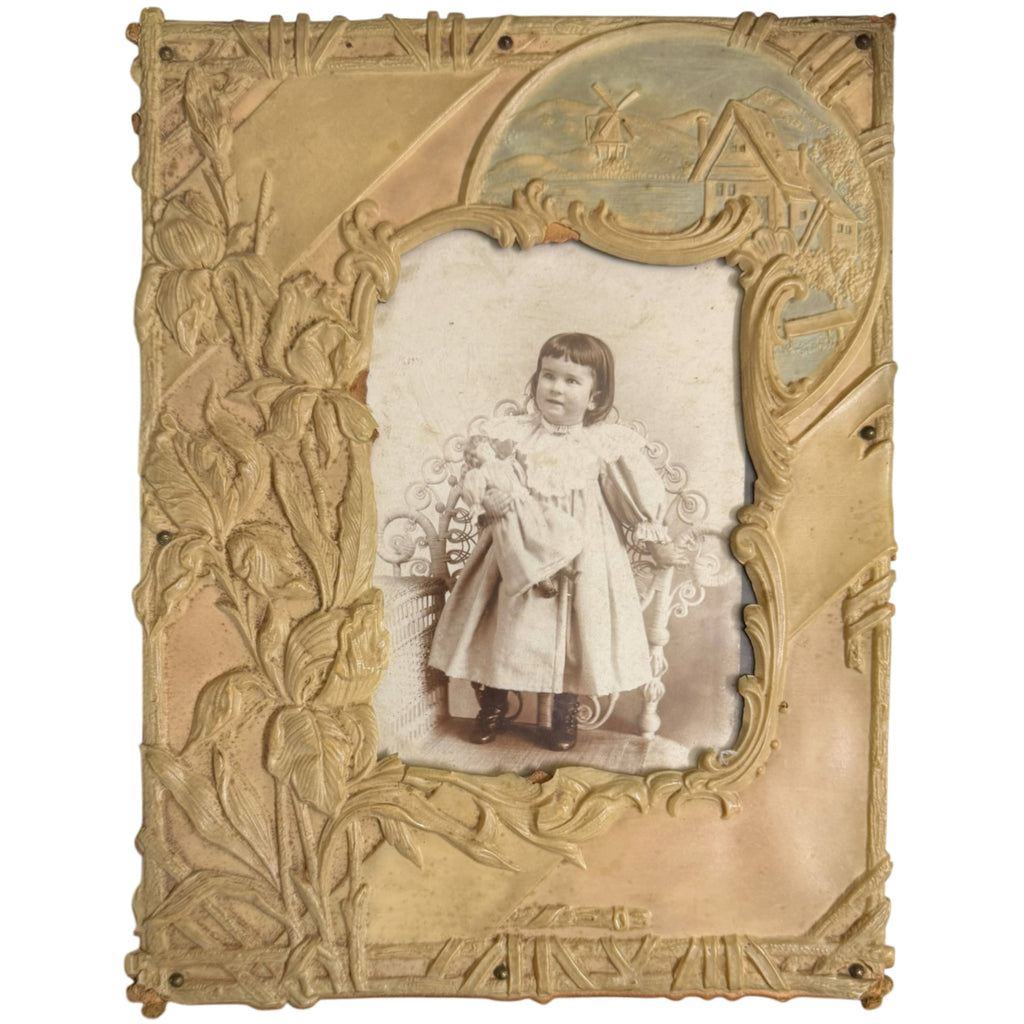 Antique Victorian Celluloid Picture Frame with Cabinet Card Photograph of Girl Holding Doll c. 1900