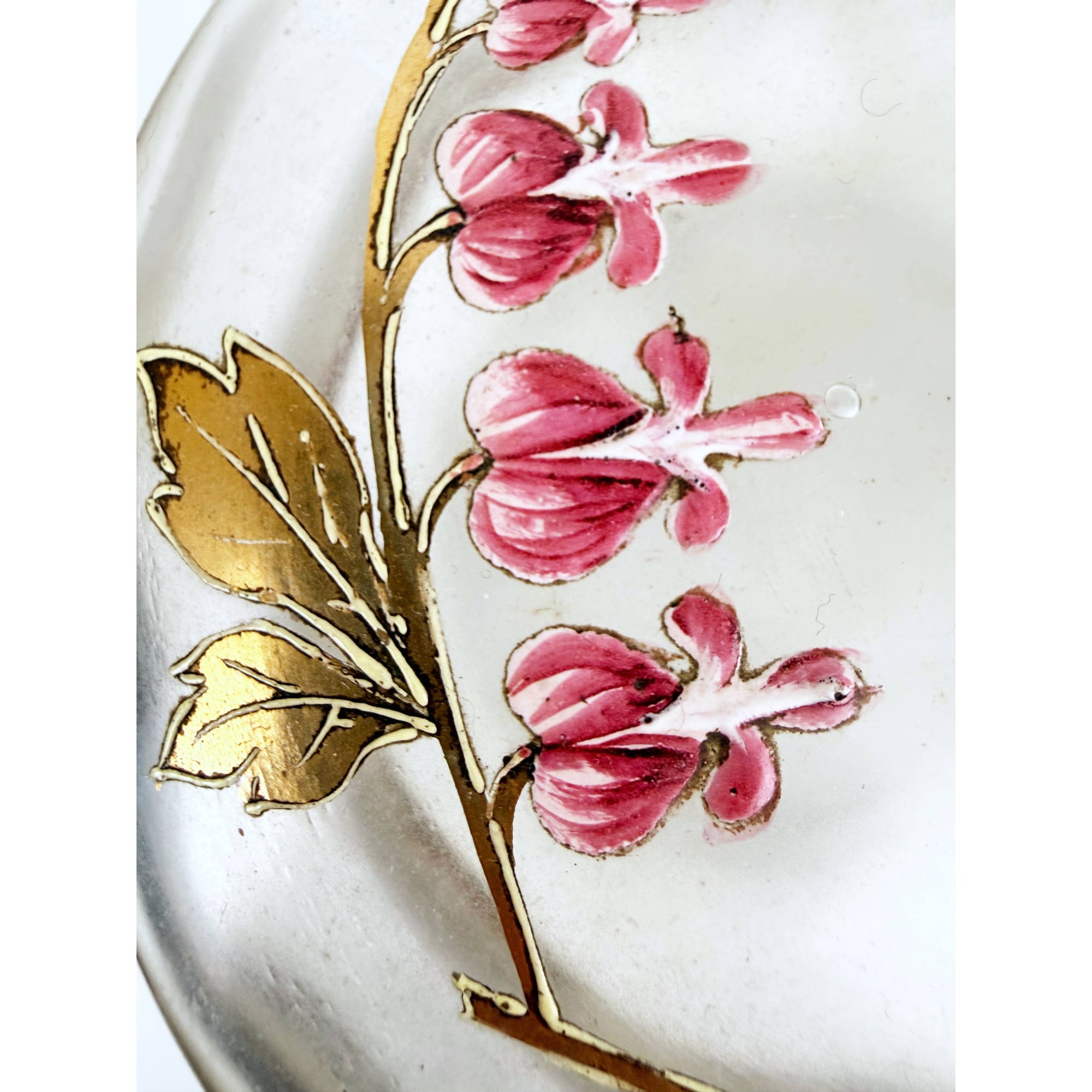 Close-up of enamel on Antique Frosted Glass Dresser Box 