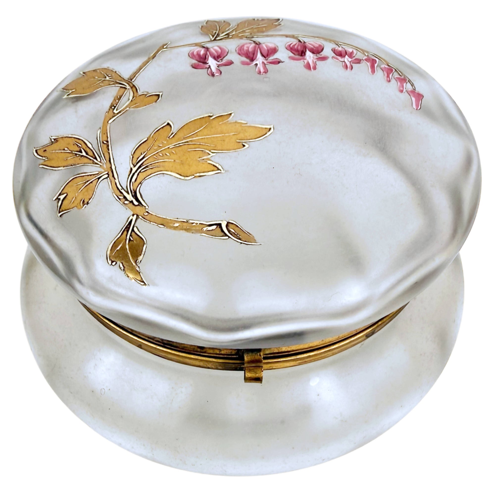 Antique Frosted Glass Dresser Box Enamelled Pink Floral & Gilt Decoration c.1900 6.5"