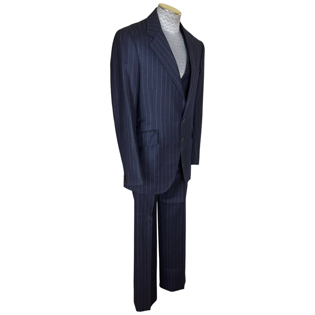 Vintage 1970s navy chalk stripe three-piece wool suit angled front view