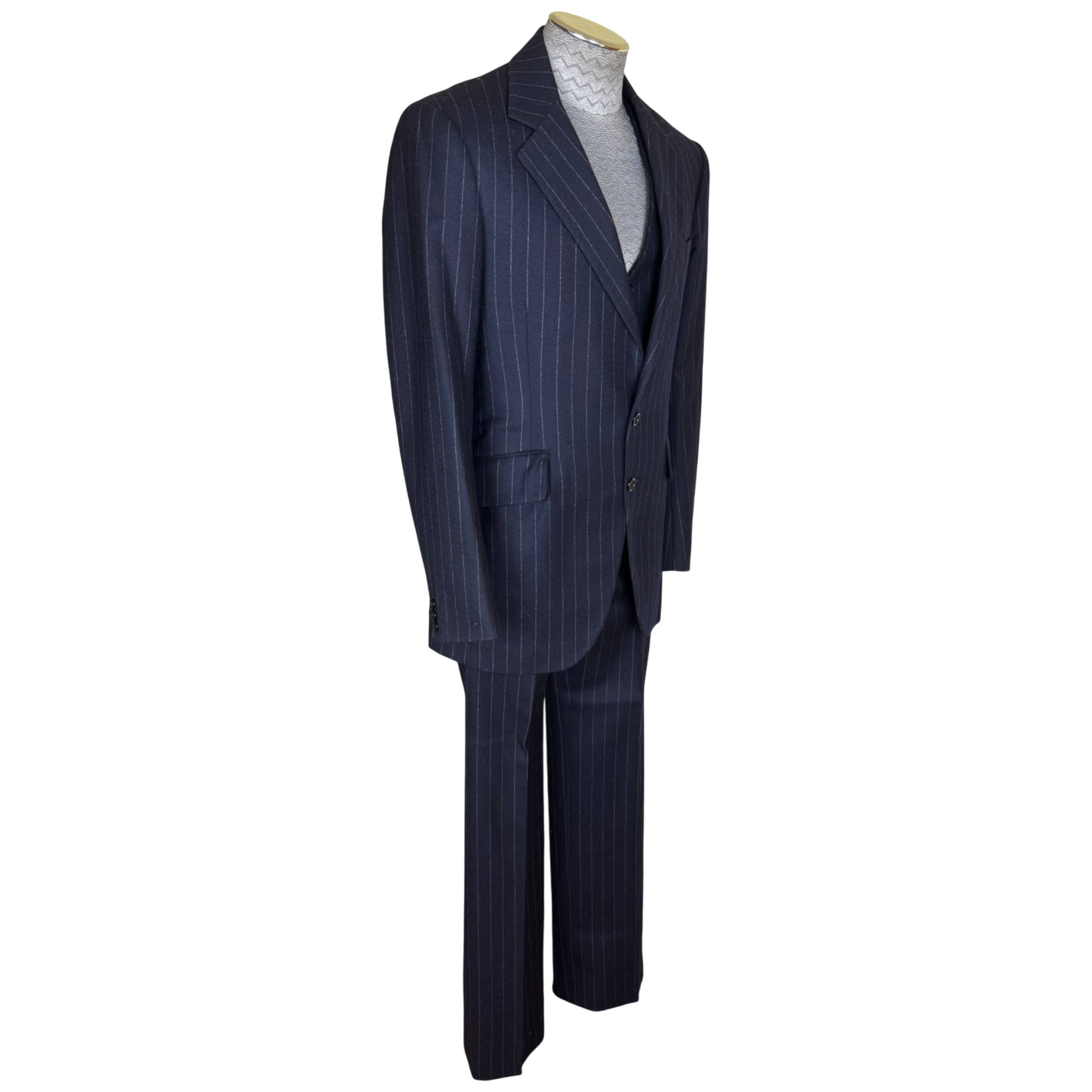 Vintage 1970s navy chalk stripe three-piece wool suit angled front view