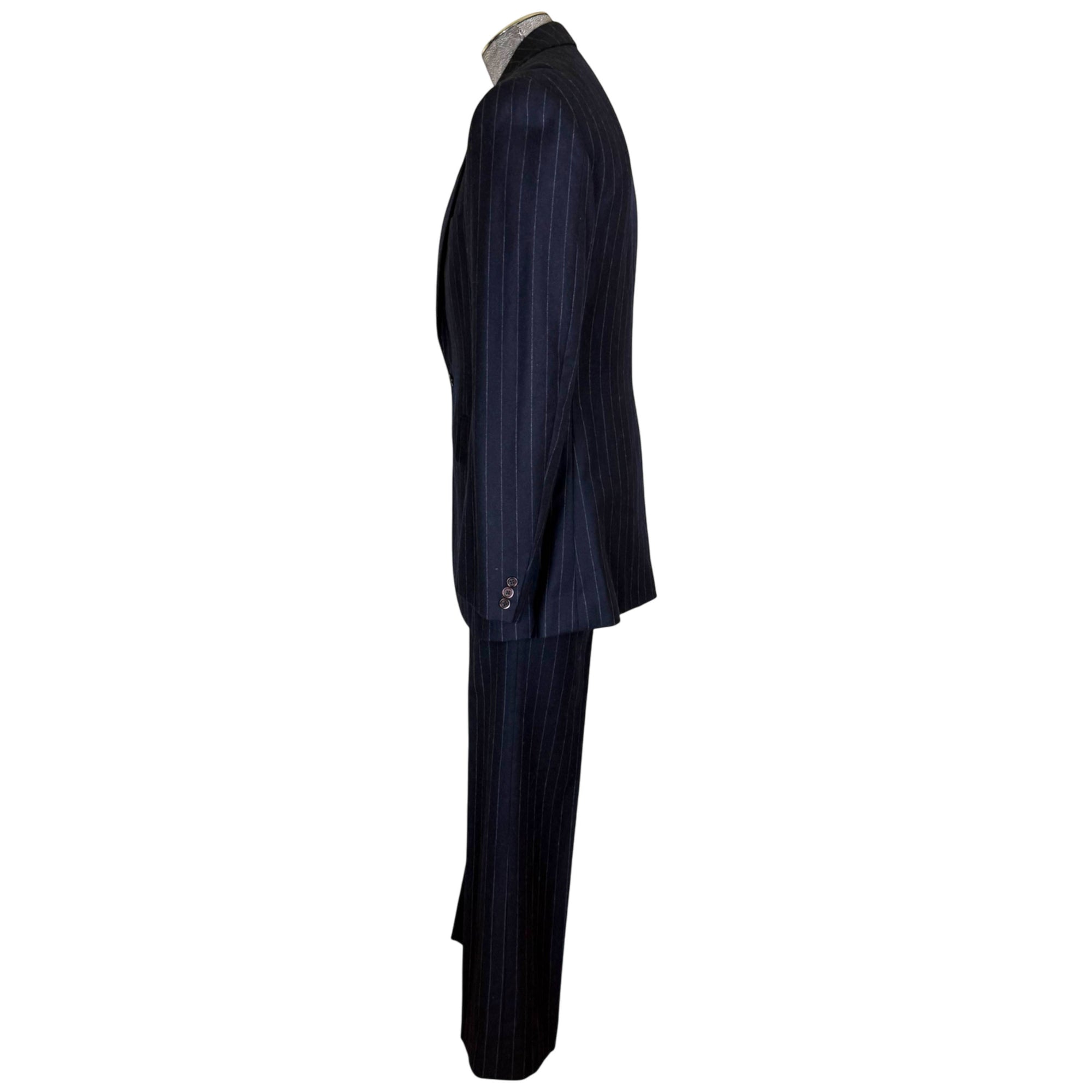 1970s men's navy chalk stripe wool suit side profile
