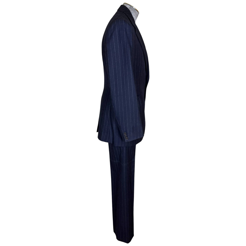 Vintage navy chalk stripe three-piece suit side view showing tailored jacket