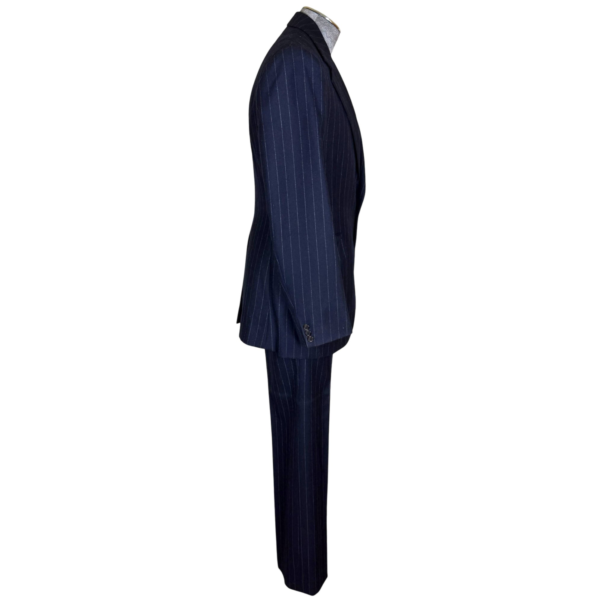 Vintage navy chalk stripe three-piece suit side view showing tailored jacket