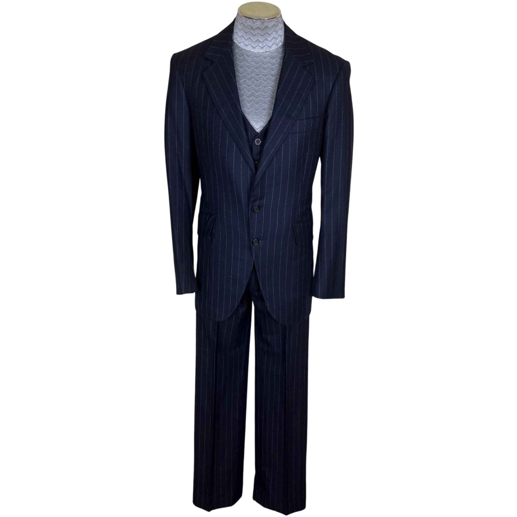 1970s buttoned three-piece navy wool suit with chalk stripes size 36