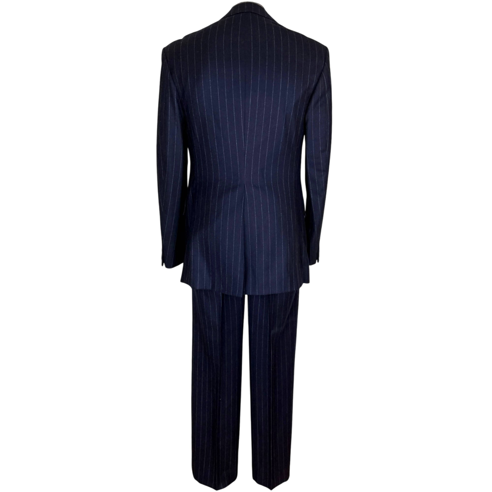 Vintage 1970s navy chalk stripe wool suit rear view with single vent jacket