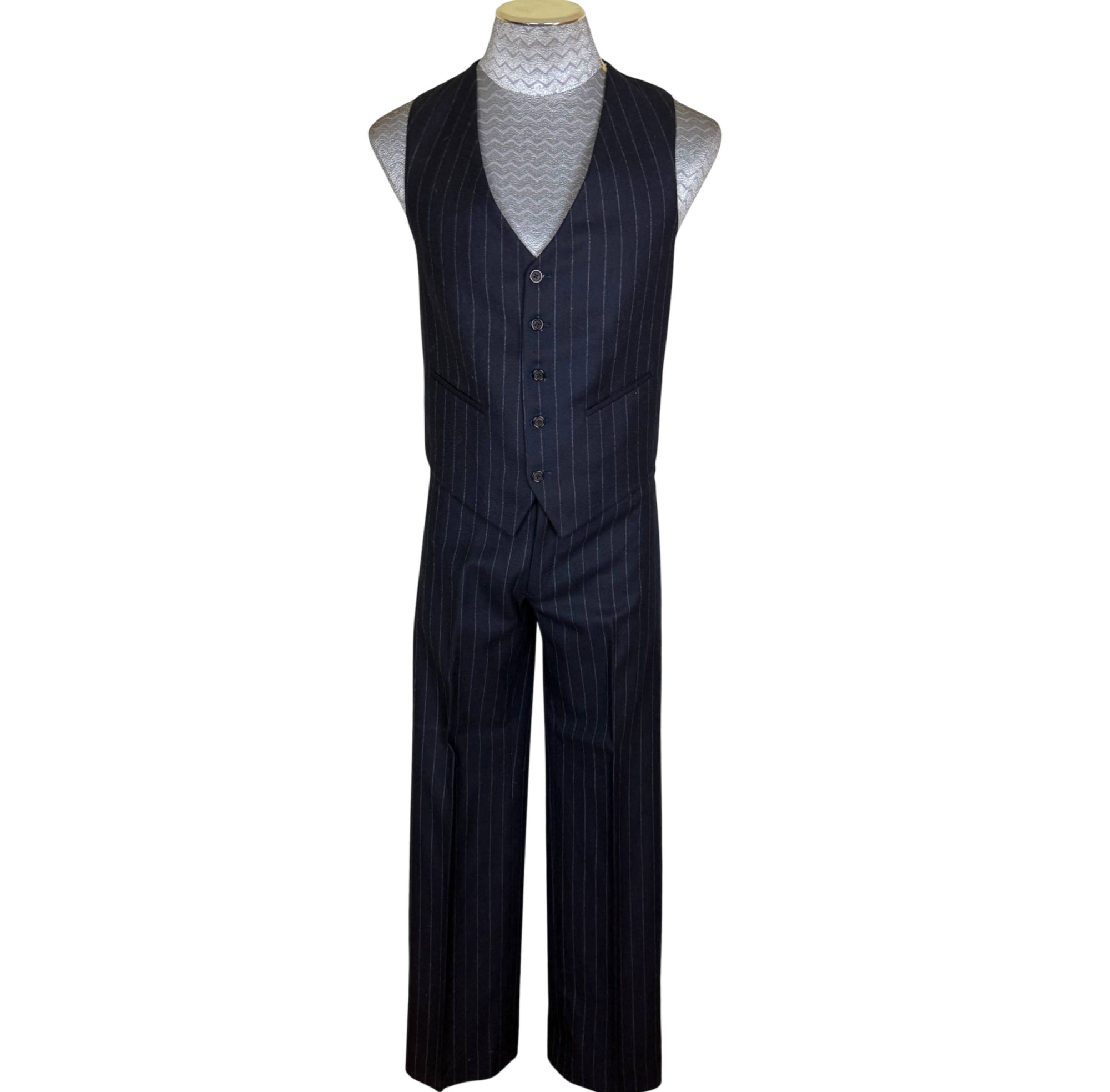 1970s navy chalk stripe wool vest and matching wide-leg trousers