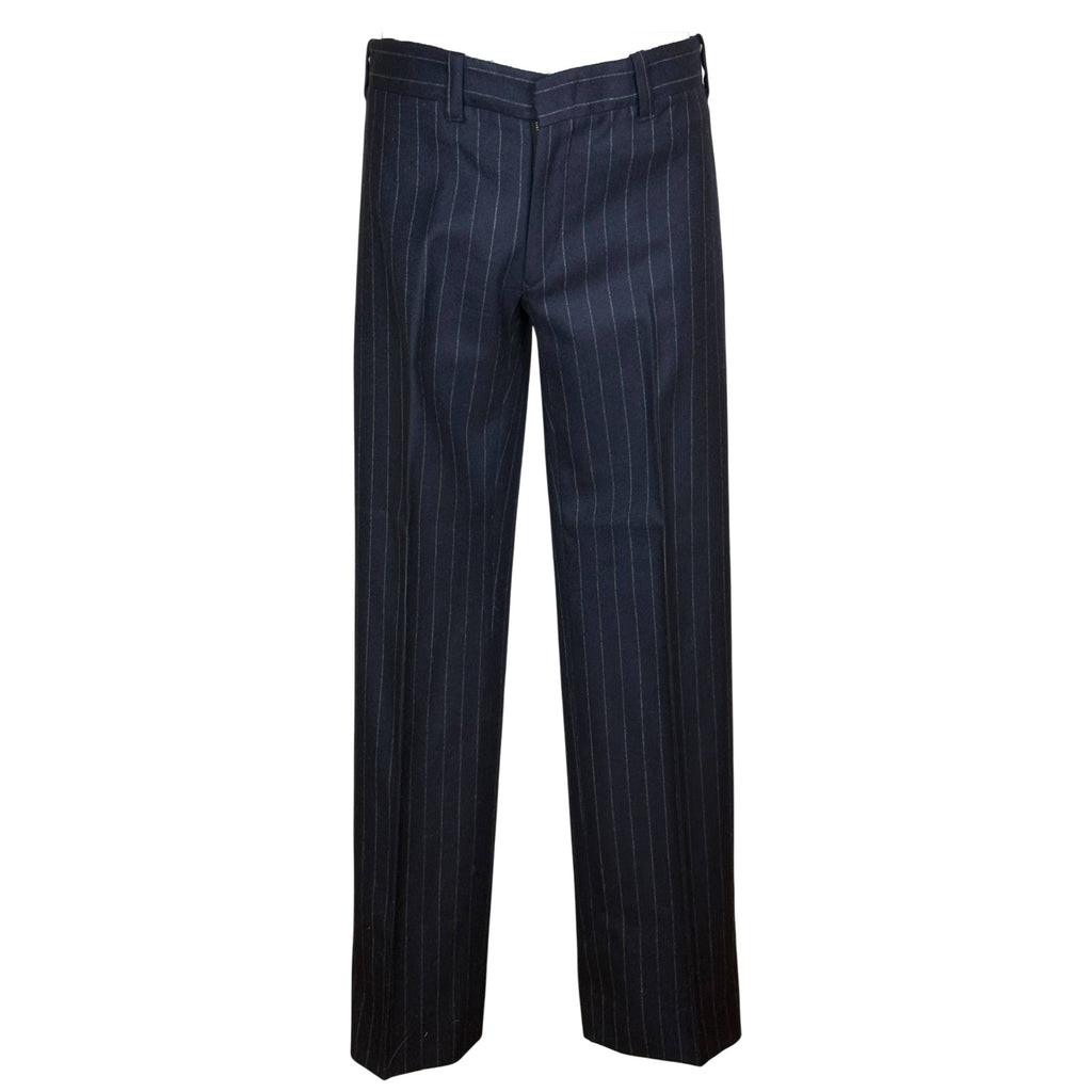 Vintage 1970s navy chalk stripe wool wide-leg trousers front view