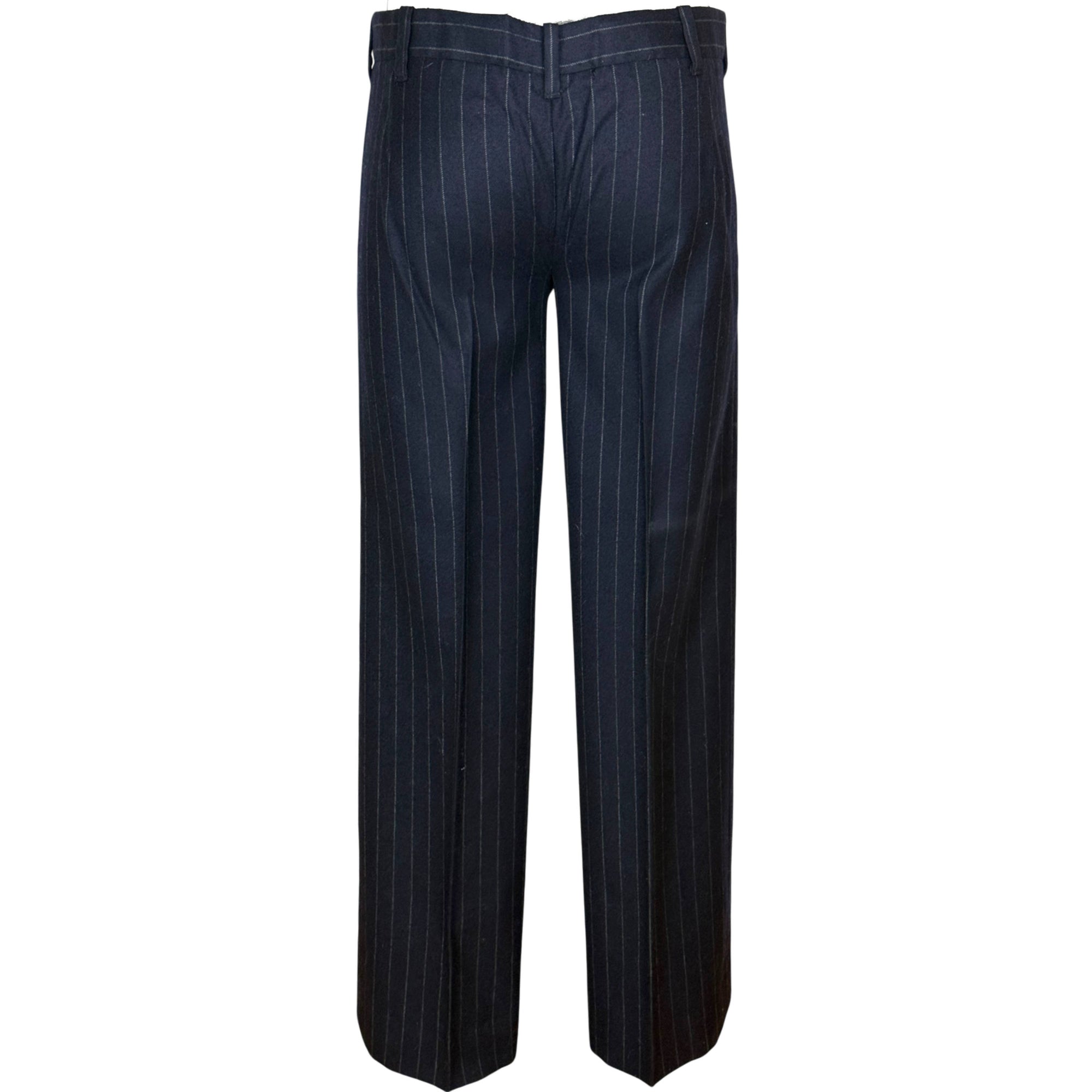1970s navy chalk stripe wool trousers rear view
