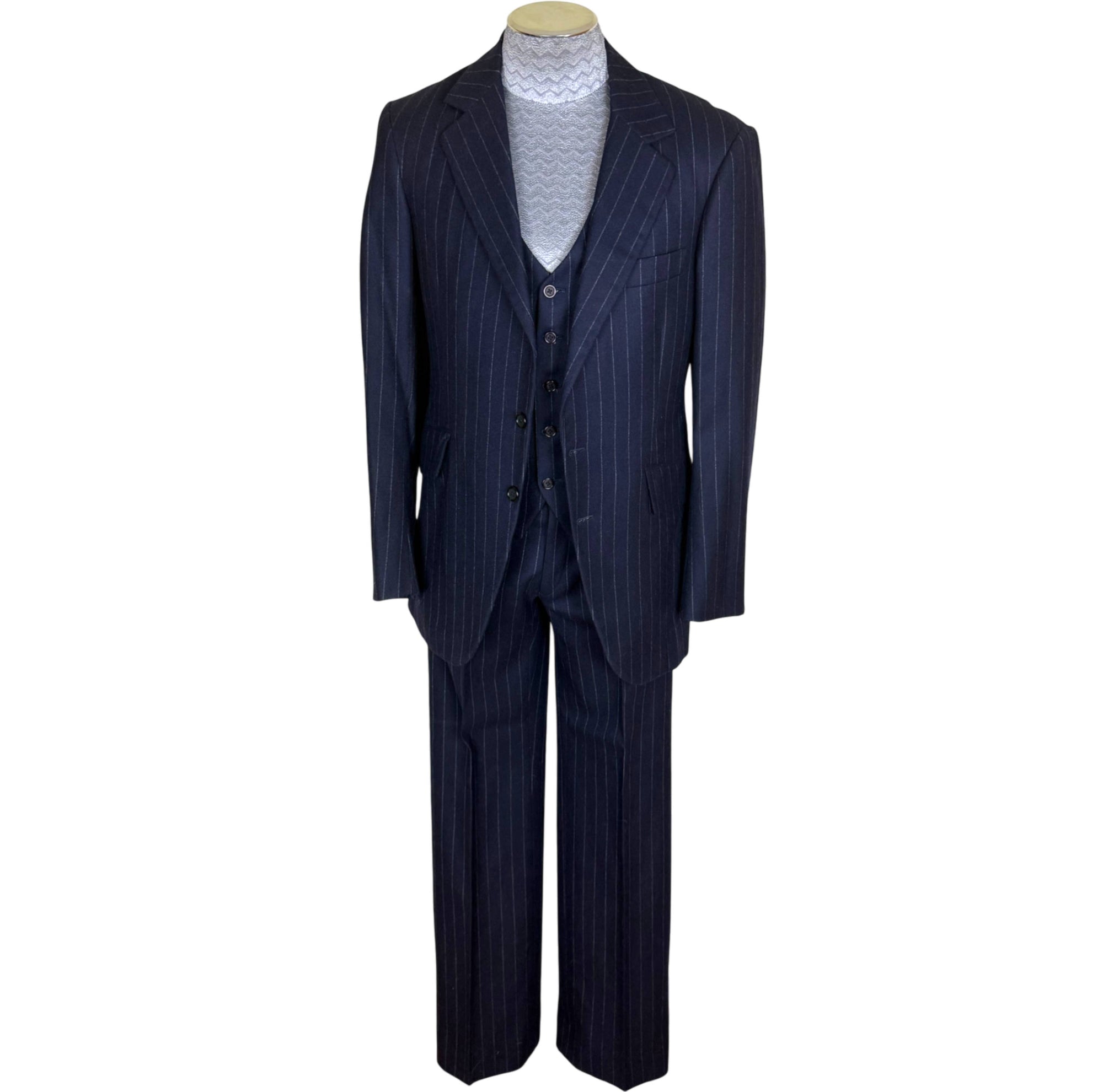 1970s men's three-piece navy chalk stripe wool suit with jacket vest and wide-leg trousers