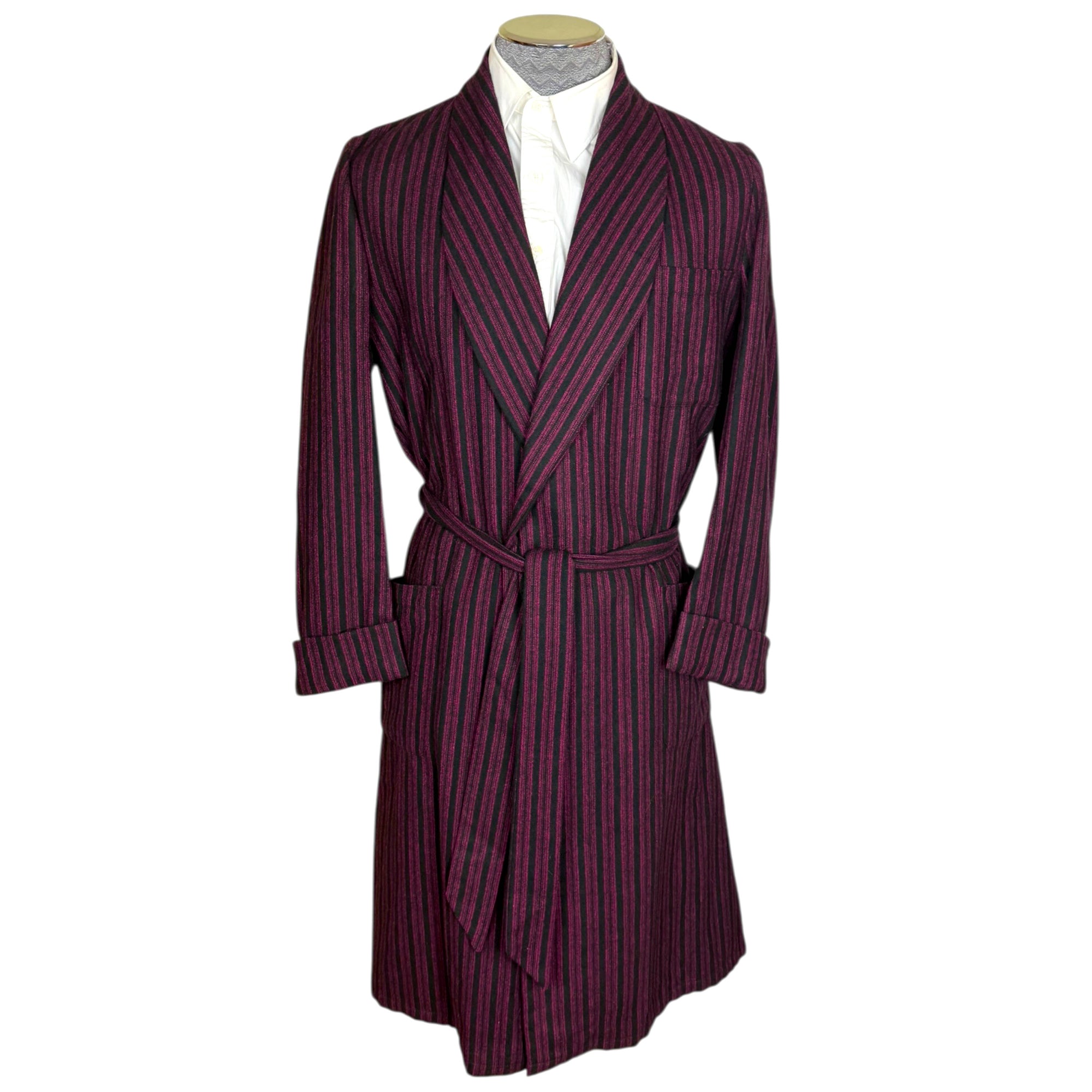 1950s Vintage English Wool Dressing Gown Maroon & Black Stripes Size S