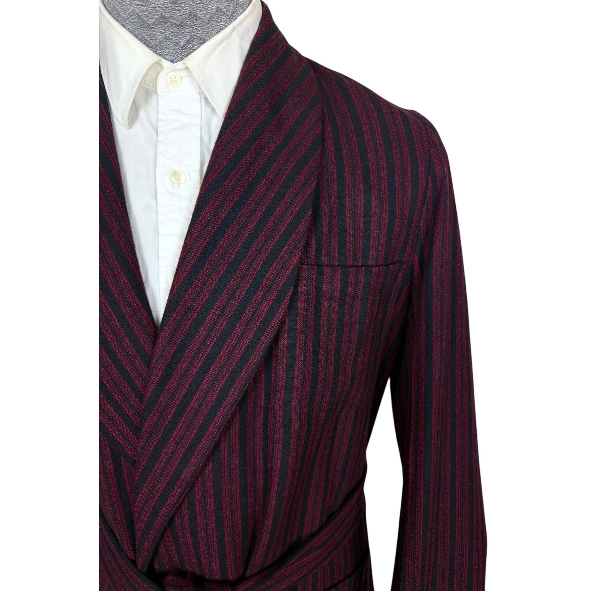 1950s Vintage English Wool Dressing Gown Maroon & Black Stripes Size S
