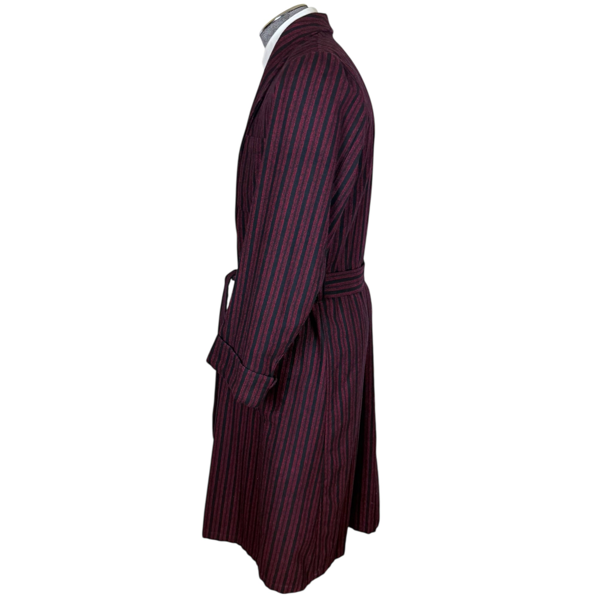 1950s Vintage English Wool Dressing Gown Maroon & Black Stripes Size S