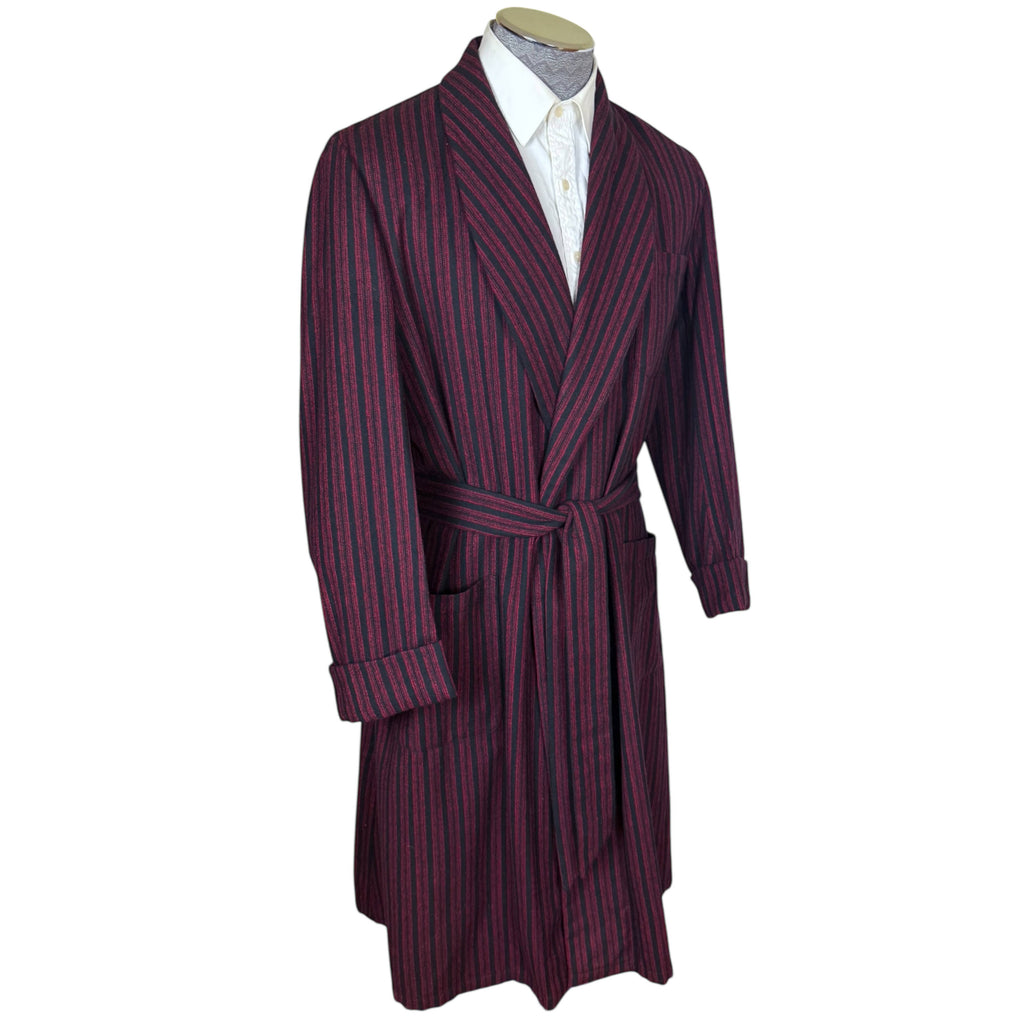 1950s Vintage English Wool Dressing Gown Maroon & Black Stripes Size S