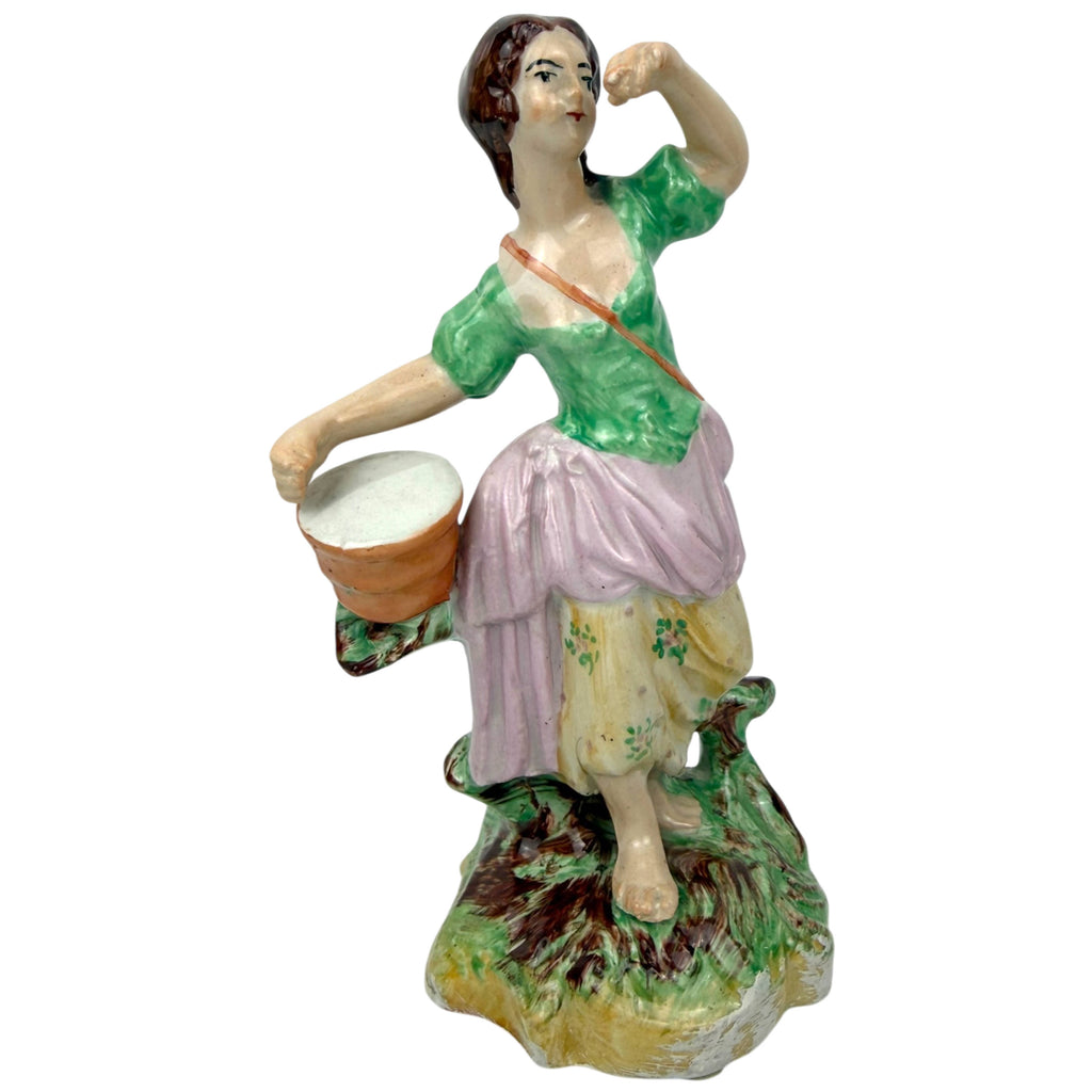 Antique English Staffordshire Pottery Figurine Country Girl with Pail c.1900 Hand Painted Earthenware Figure