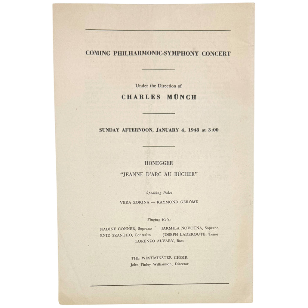 Rear page of program advertising the upcoming Charles Münch Philharmonic concert at Carnegie Hall.
