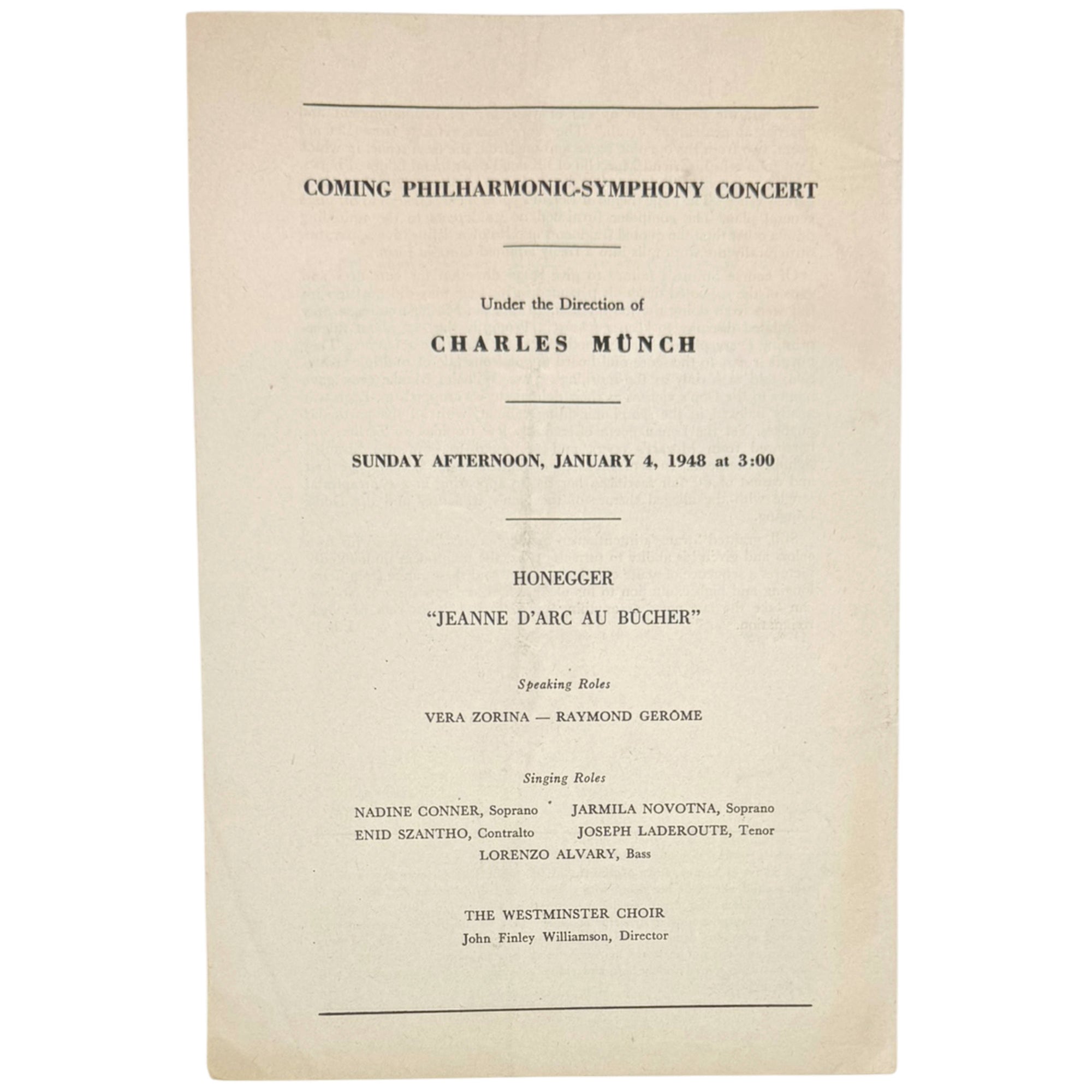 Rear page of program advertising the upcoming Charles Münch Philharmonic concert at Carnegie Hall.