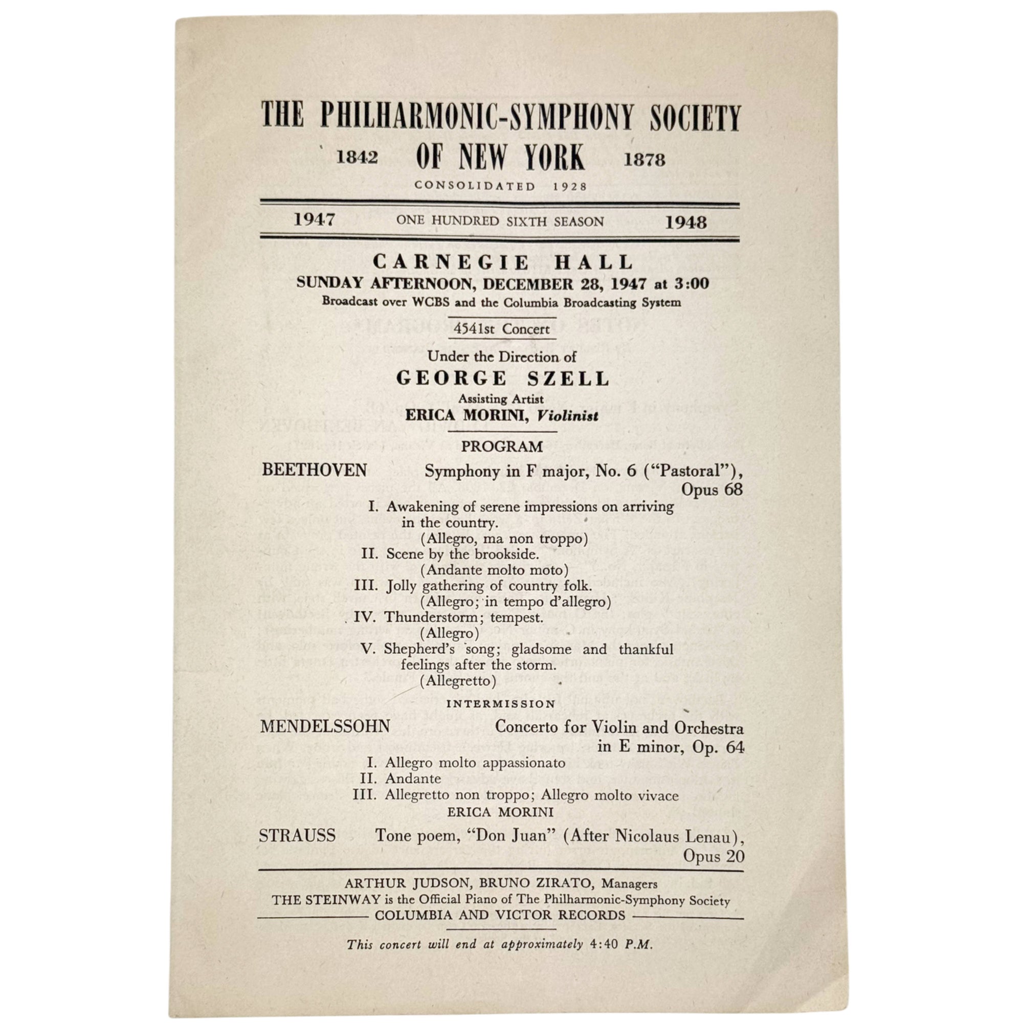 Front cover of the 1947 Carnegie Hall Philharmonic-Symphony Society concert program conducted by George Szell with violinist Erica Morini