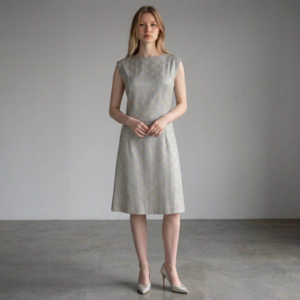 AI model wearing Vintage 1960s Even Paris light blue metallic knit cocktail dress 