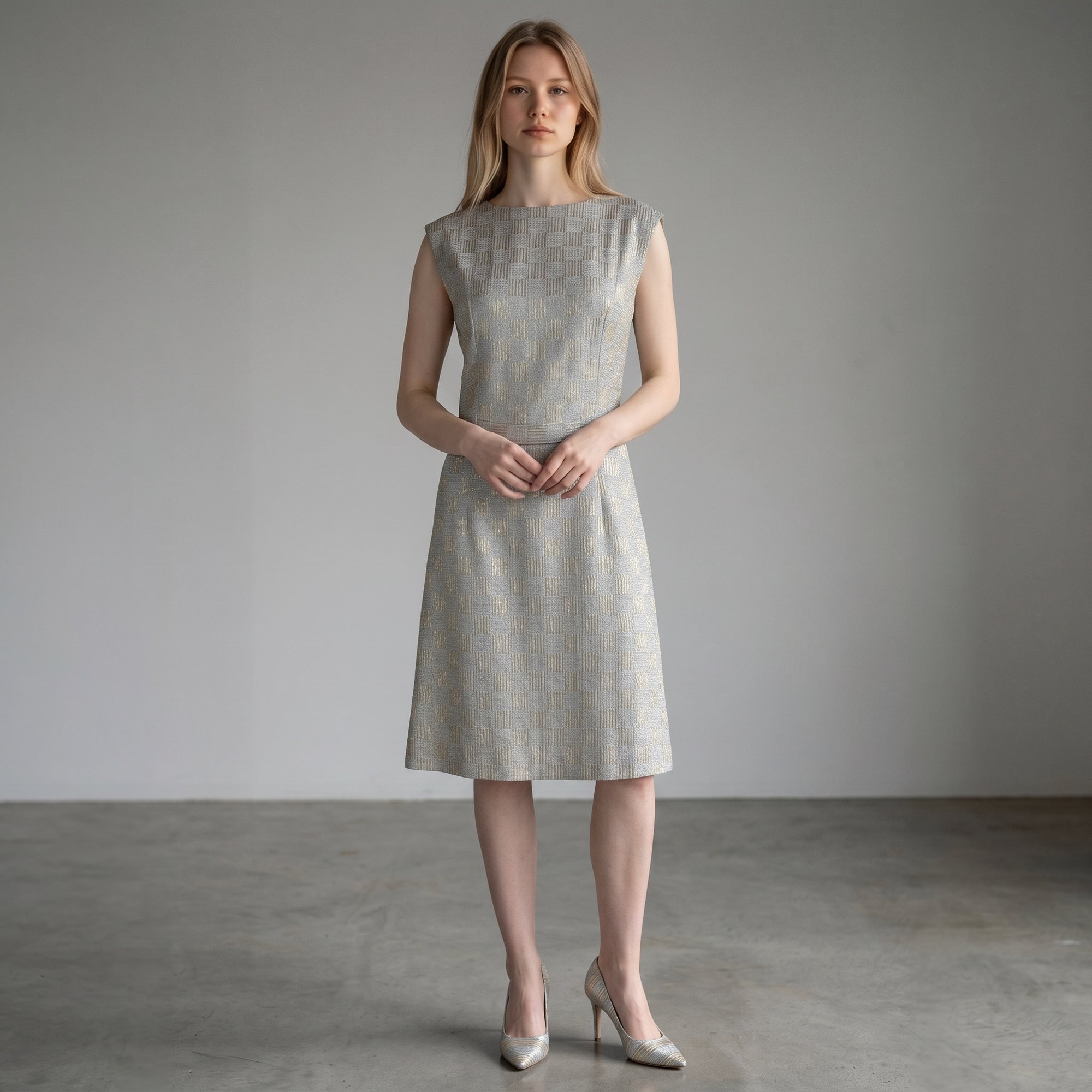 AI model wearing Vintage 1960s Even Paris light blue metallic knit cocktail dress 