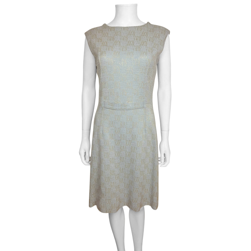 Vintage 1960s Even Paris light blue metallic knit cocktail dress with gold thread and sheath shift silhouette.