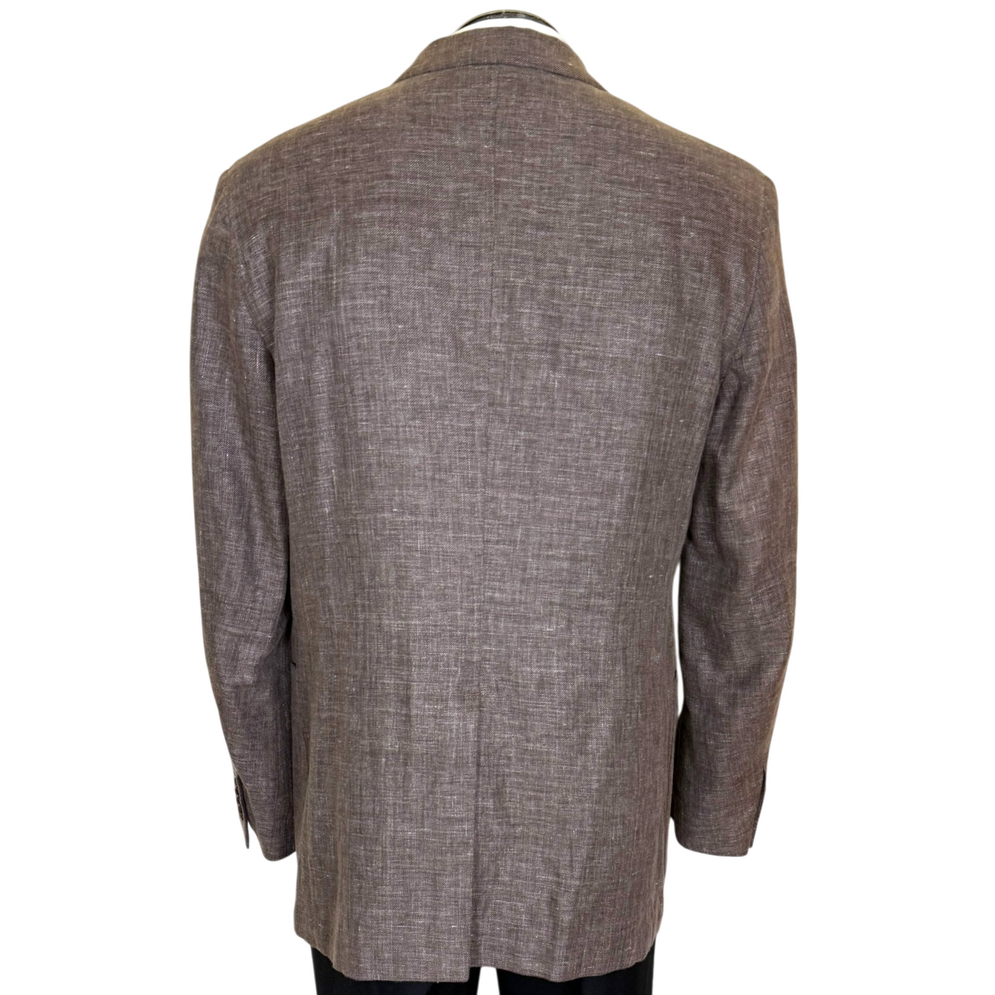 Back of Salvatore Ferragamo taupe brown linen cotton blazer with single vent