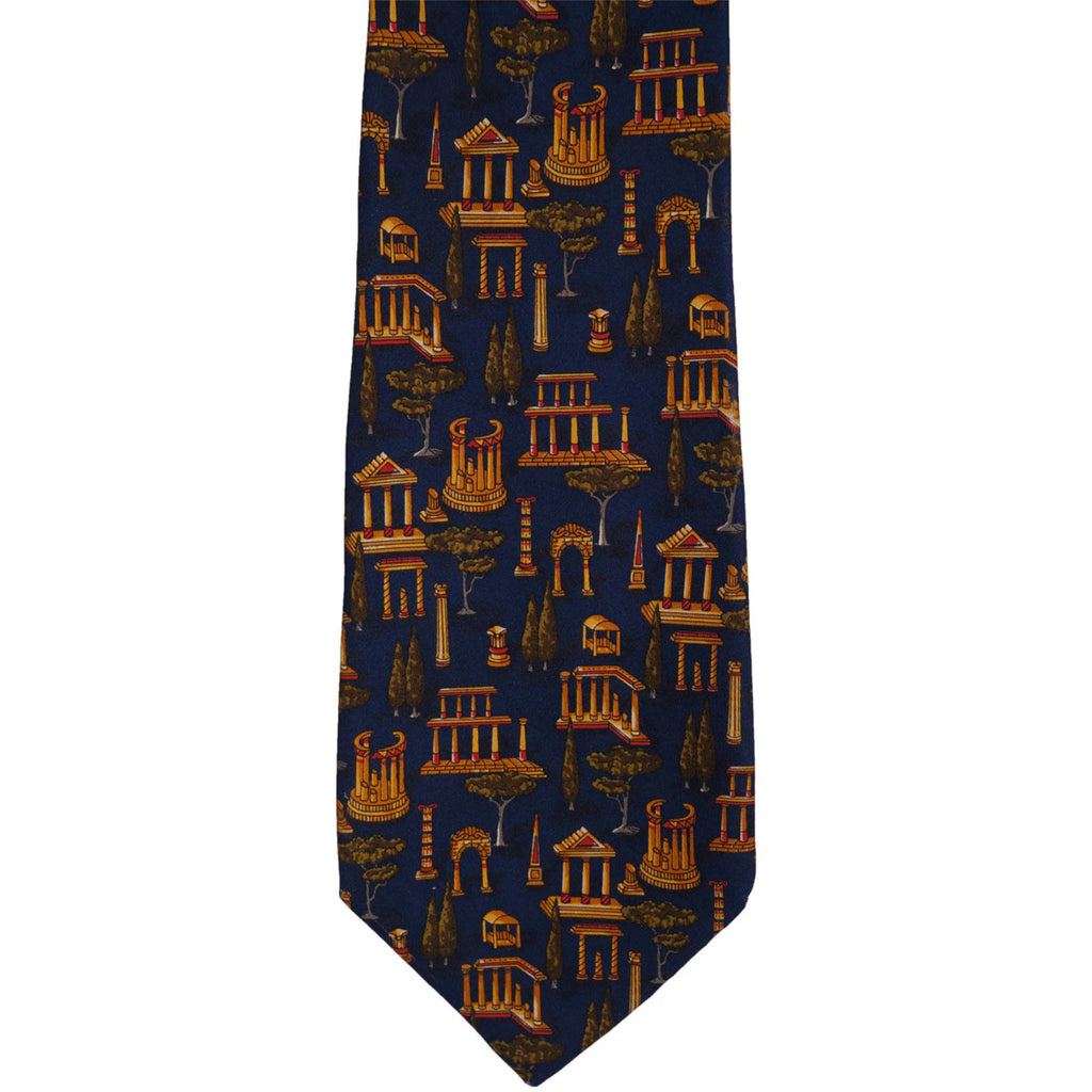 Vintage Salvatore Ferragamo Silk Tie Greek Architecture Pattern Mens Necktie