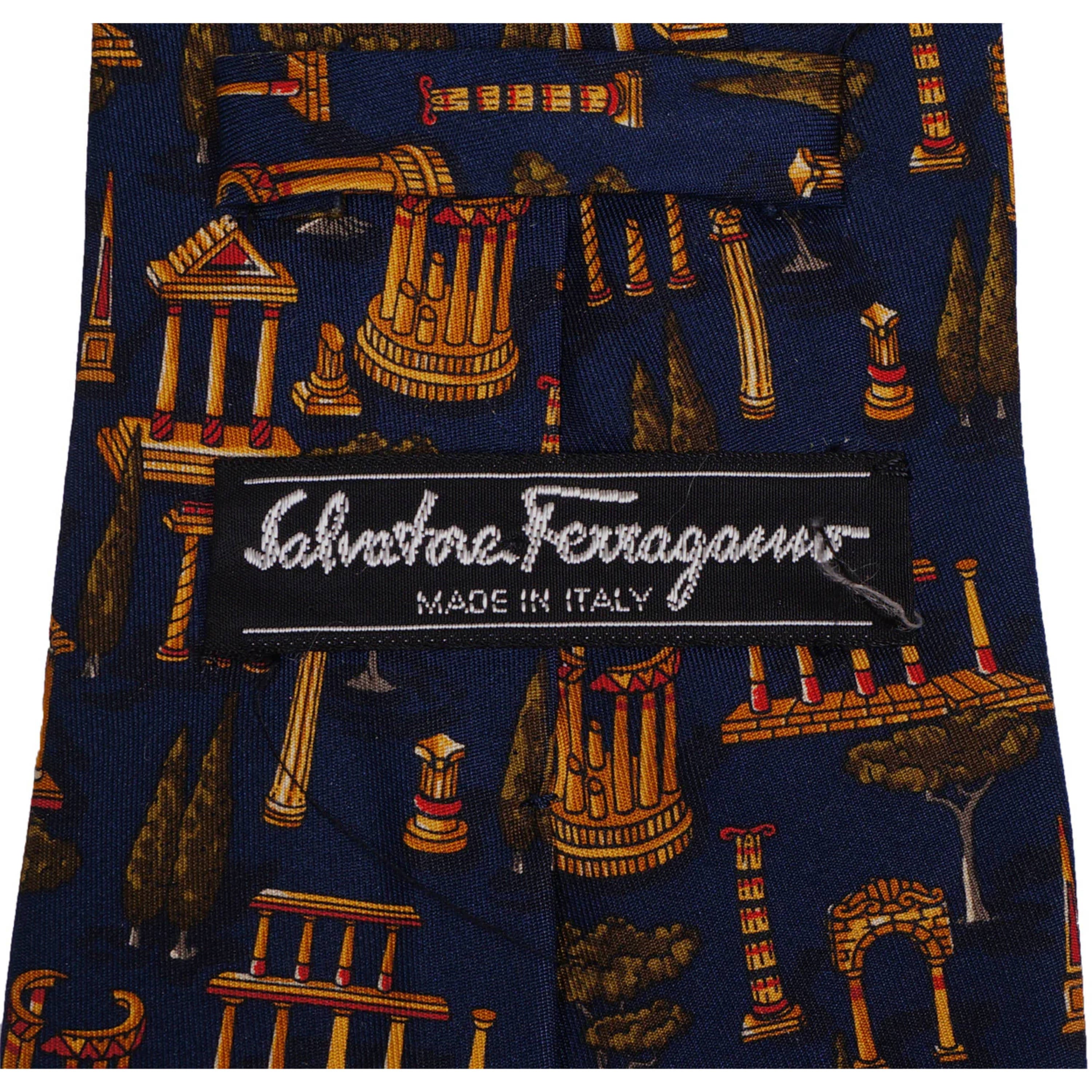 Vintage Salvatore Ferragamo Silk Tie Greek Architecture Pattern