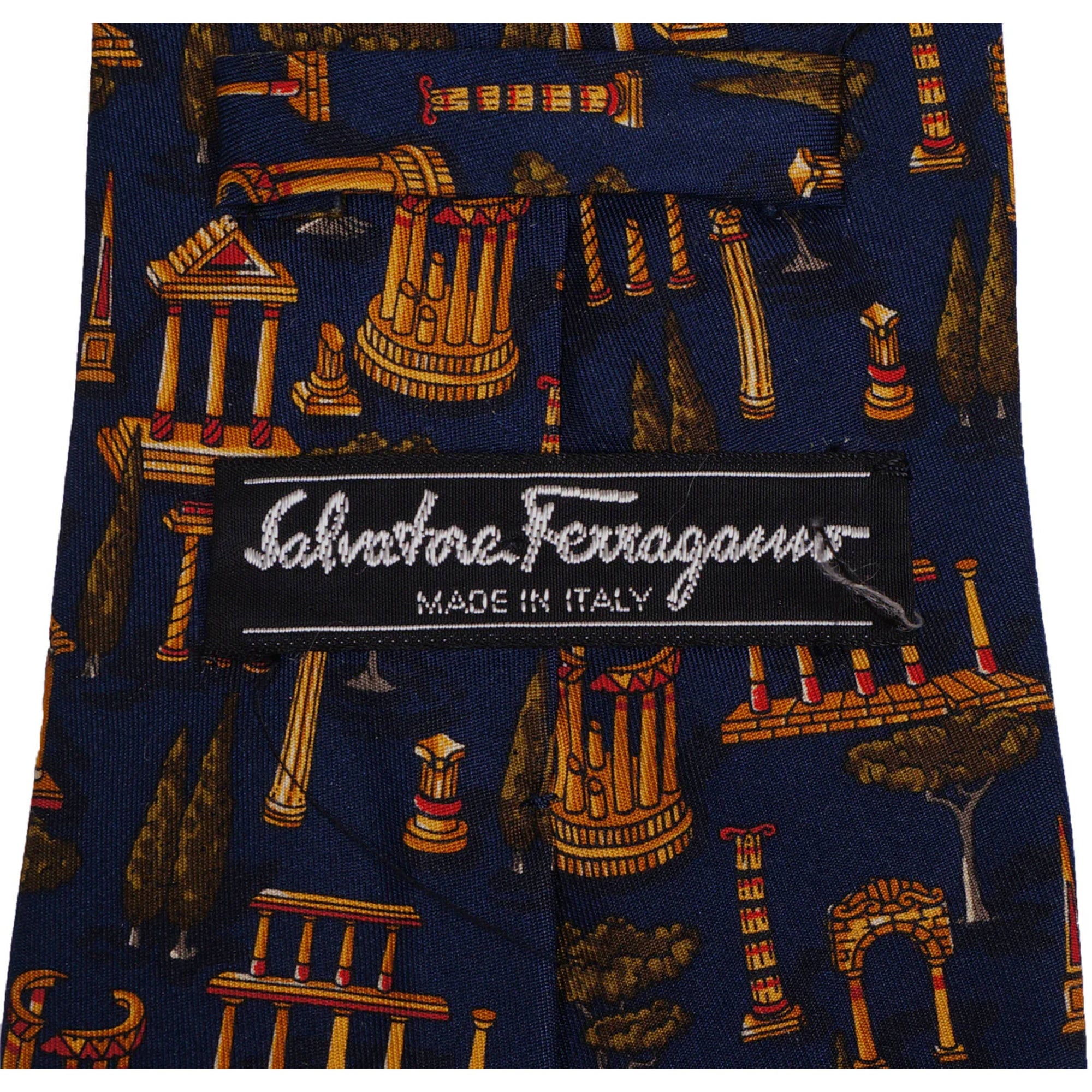 Vintage Salvatore Ferragamo Silk Tie Greek Architecture Pattern Mens Necktie