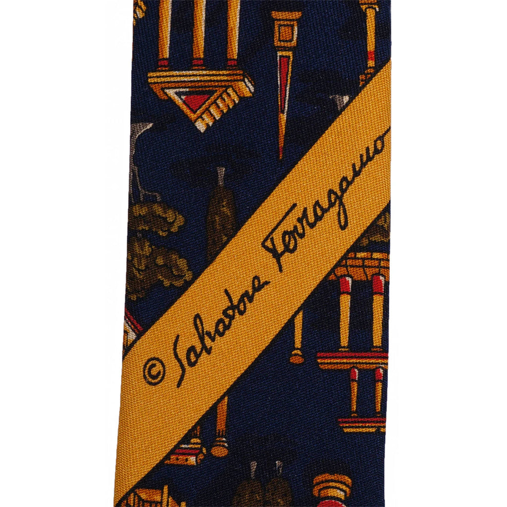 Vintage Salvatore Ferragamo Silk Tie Greek Architecture Pattern Mens Necktie