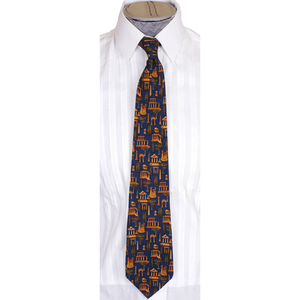 Vintage Salvatore Ferragamo Silk Tie Greek Architecture Pattern Mens Necktie