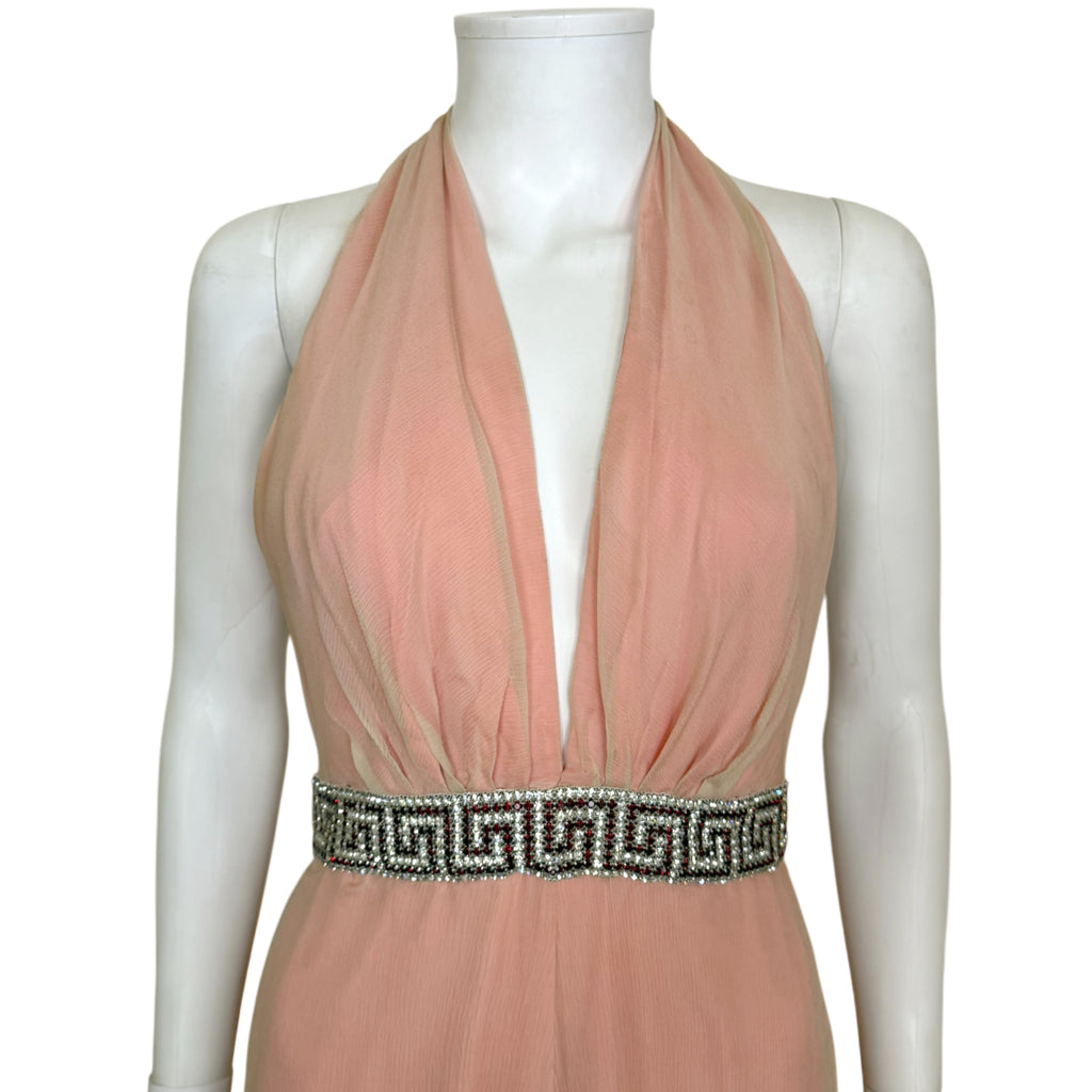 Fiandaca flowing silk chiffon palazzo evening gown with rhinestone waist