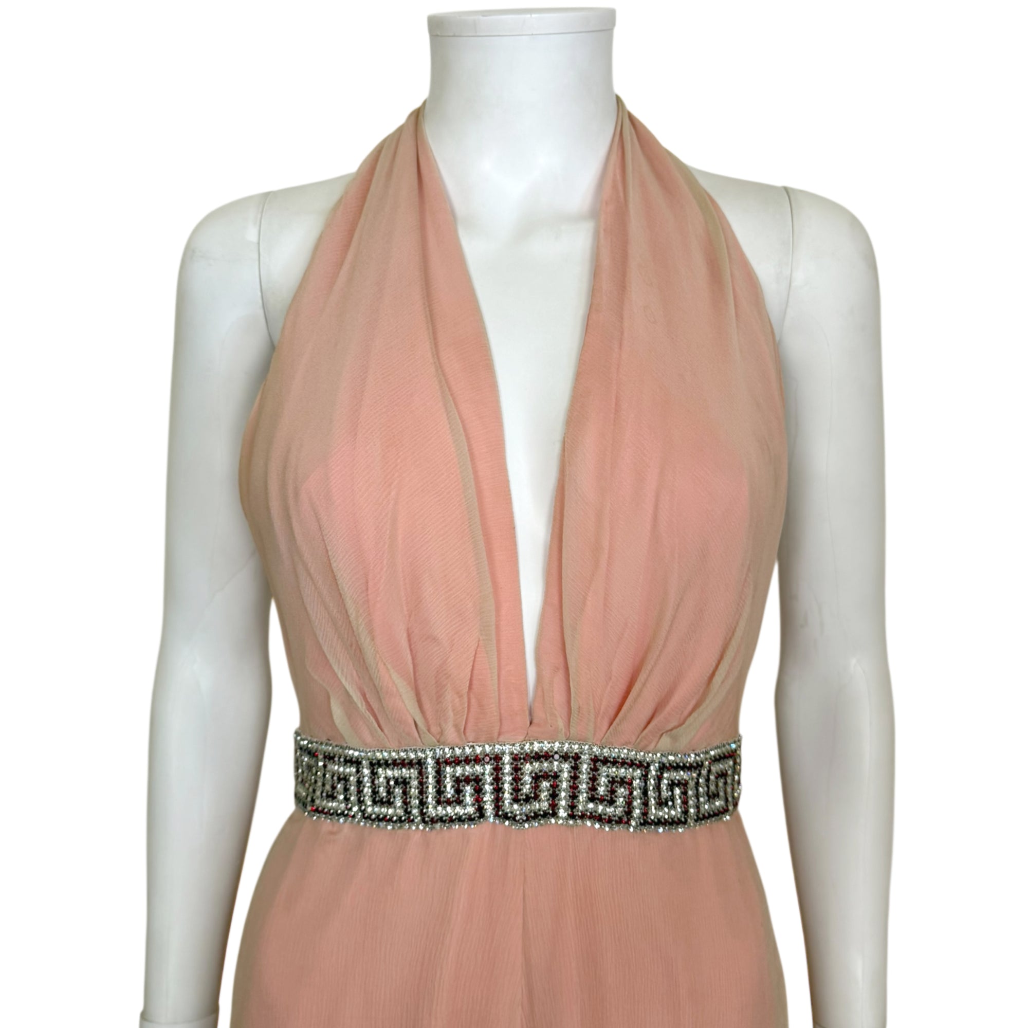 Fiandaca flowing silk chiffon palazzo evening gown with rhinestone waist